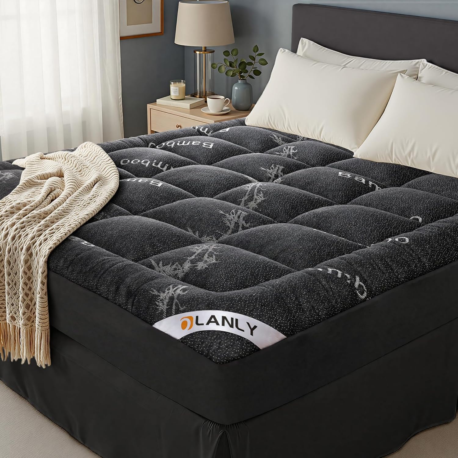 OLANLY King Mattress Topper – Viscose Made from Bamboo Cooling Pillow Top, Plush Bed Topper with Breathable Quilted Design, Soft King Mattress Pad for Back Pain Relief, Dark Gray Dark Gray King - Image 1 of 8