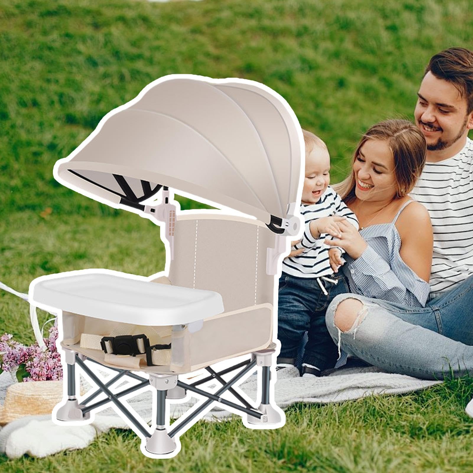Chaise de Repas Pliante pour Bébé | Siège de Voyage avec Plateau pour Jeune Enfant,Chaise Haute Pliante Pour Bébé avec Auvent pour Pelouse, Plage, Extérieur, Camping, Maison, Voyage, Pique-nique