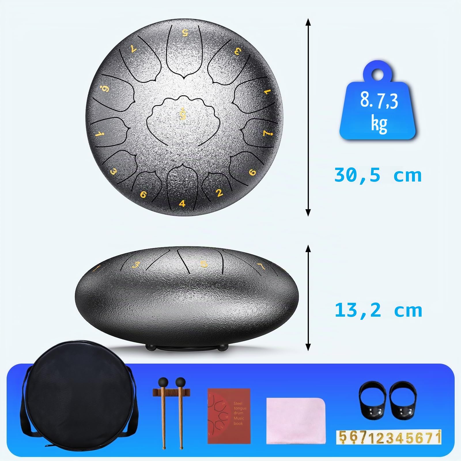 Tambour de pluie pour extérieur, 30,4 cm, 13 totes en acier, Handpan, Steel tongue drum en acier professionnel, adapté à la méditation et au yoga (Argent, 12 Inch)