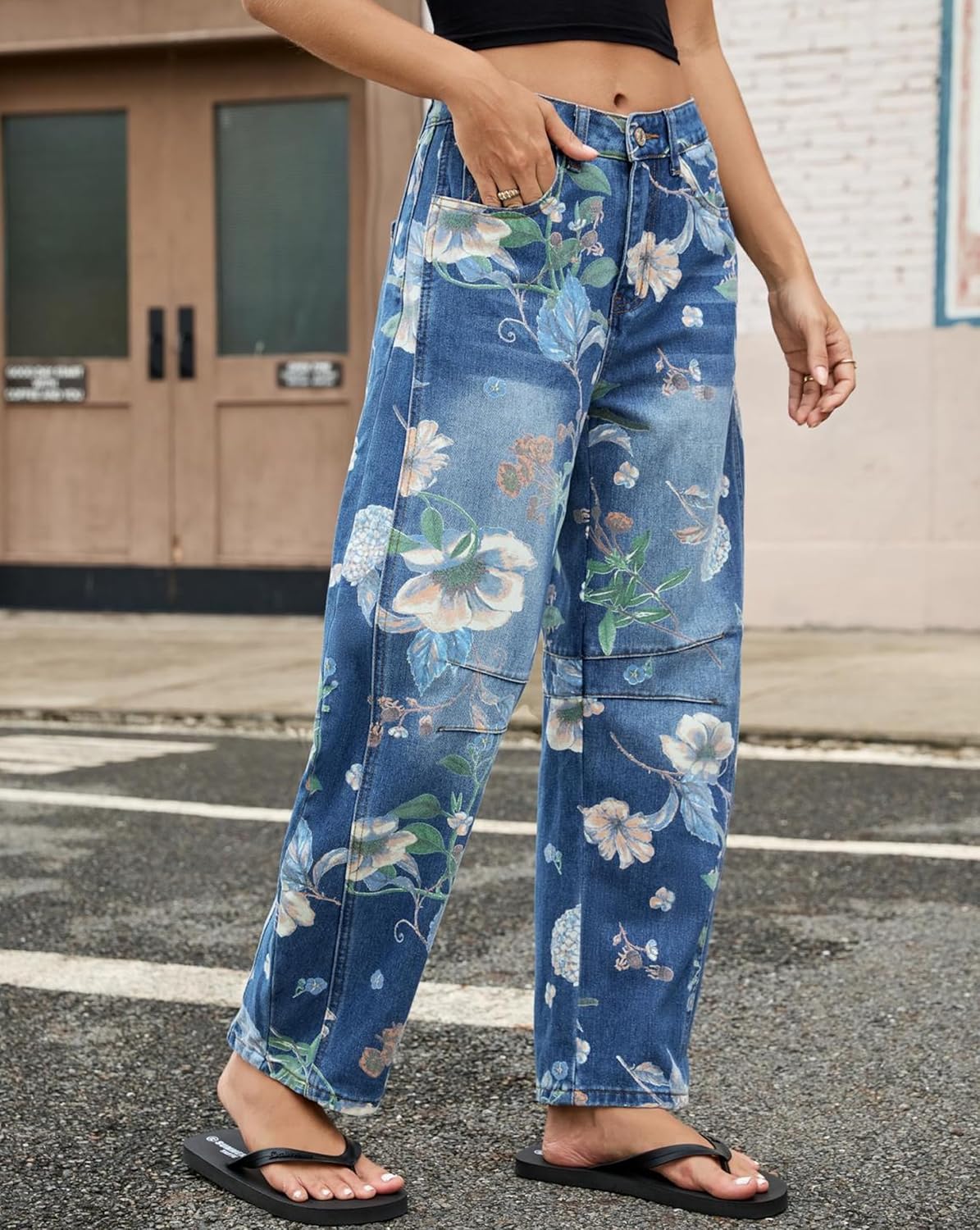 Kedera Women's Baggy Barrel Jeans Casual Boyfriend Mid Rise Leopard Printed Wide Leg Denim Ankle Pants - Image 6