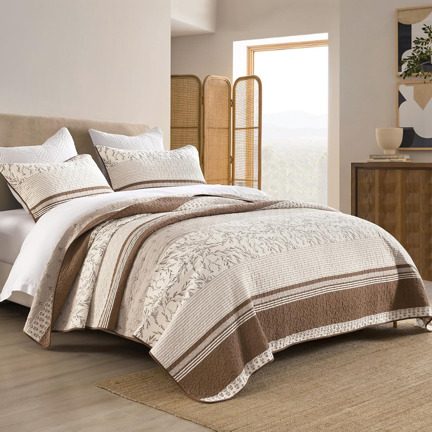 Uniclinens 100% Cotton Quilt Set King Size, Patchwork Quilts Bedding Set Bedspreads, Botanical Pattern Coverlet, Farmhouse Striped Floral Quilted Quilt Lightweight Comforter, Brown/Beige - Image 2