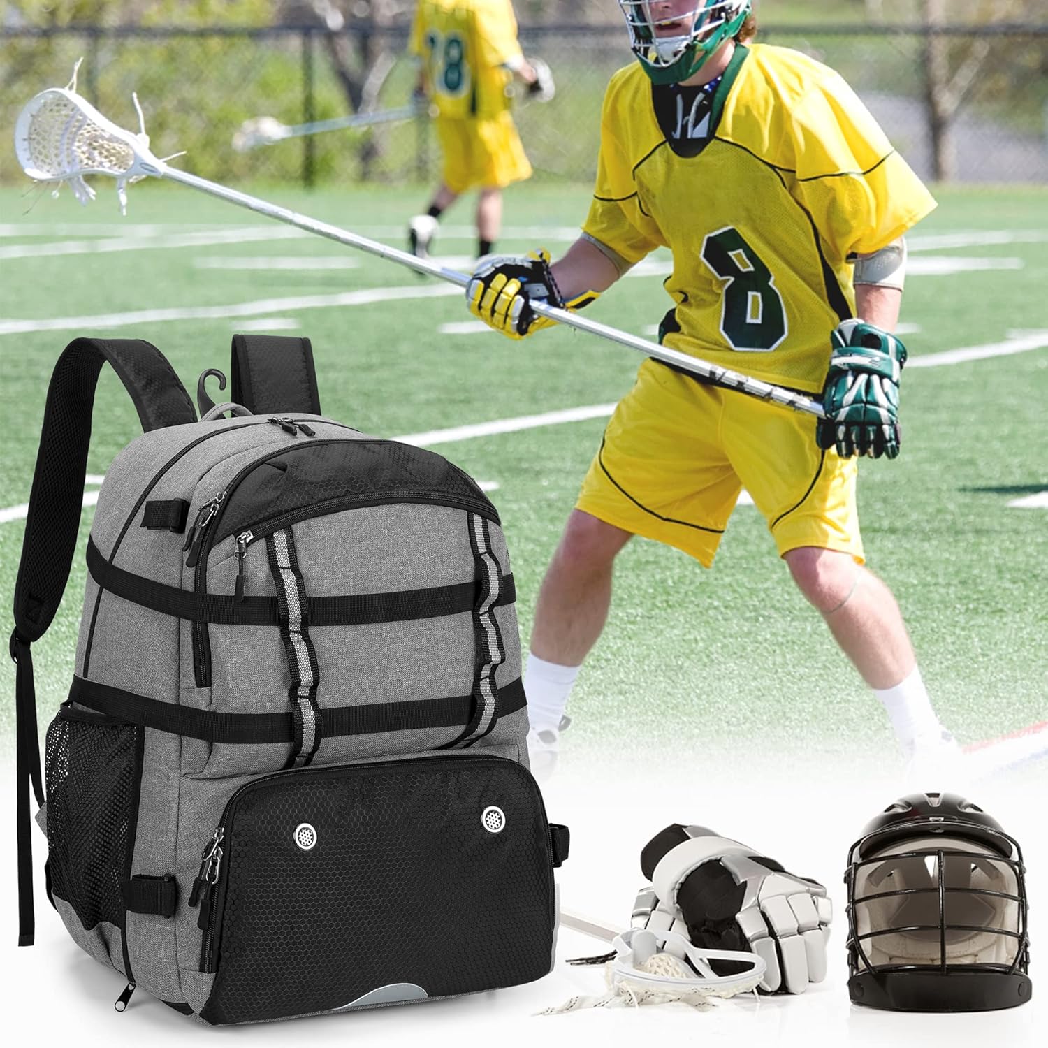 DSLEAF Lacrosse Bag with Stick Holder, Lacrosse Backpack with External Buckle Straps to Fix Helmet, Separate Shoe Space and Other Pockets to Hold Shoes US Mens 13 and Other Lacrosse Equipment(Patent Pending) : Sports & Outdoors