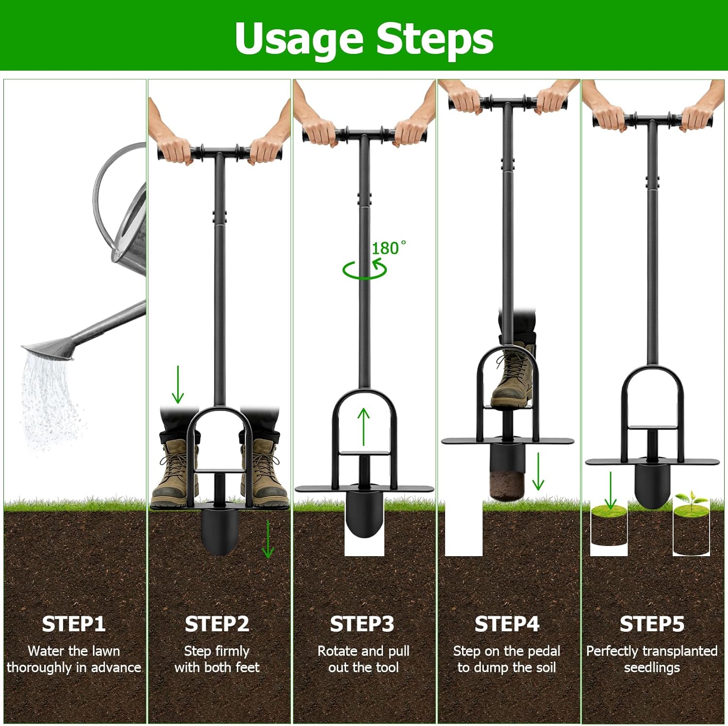 Heavy Duty Long Handle Bulb Planter Tool, Stand Up Garden Sod Plugger & Grass Plugger Tool for Lawn Repair, Turf Plugging, Digging Holes and Seedling Transplanting with Soft Grip