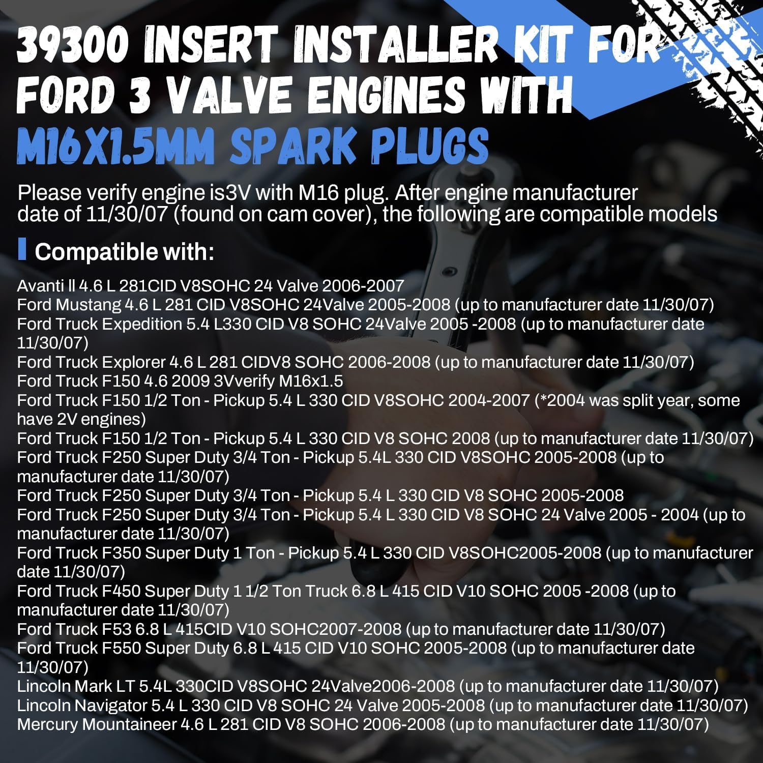 39300 3-Valve M16x1.5 Sparkplug Insert Repair Kit to Repair Spark Plug Threads in Cylinder, Compatible with 2004-2008 Ford Triton 3 Valve 4.6L, 5.4L and 6.8L Engines