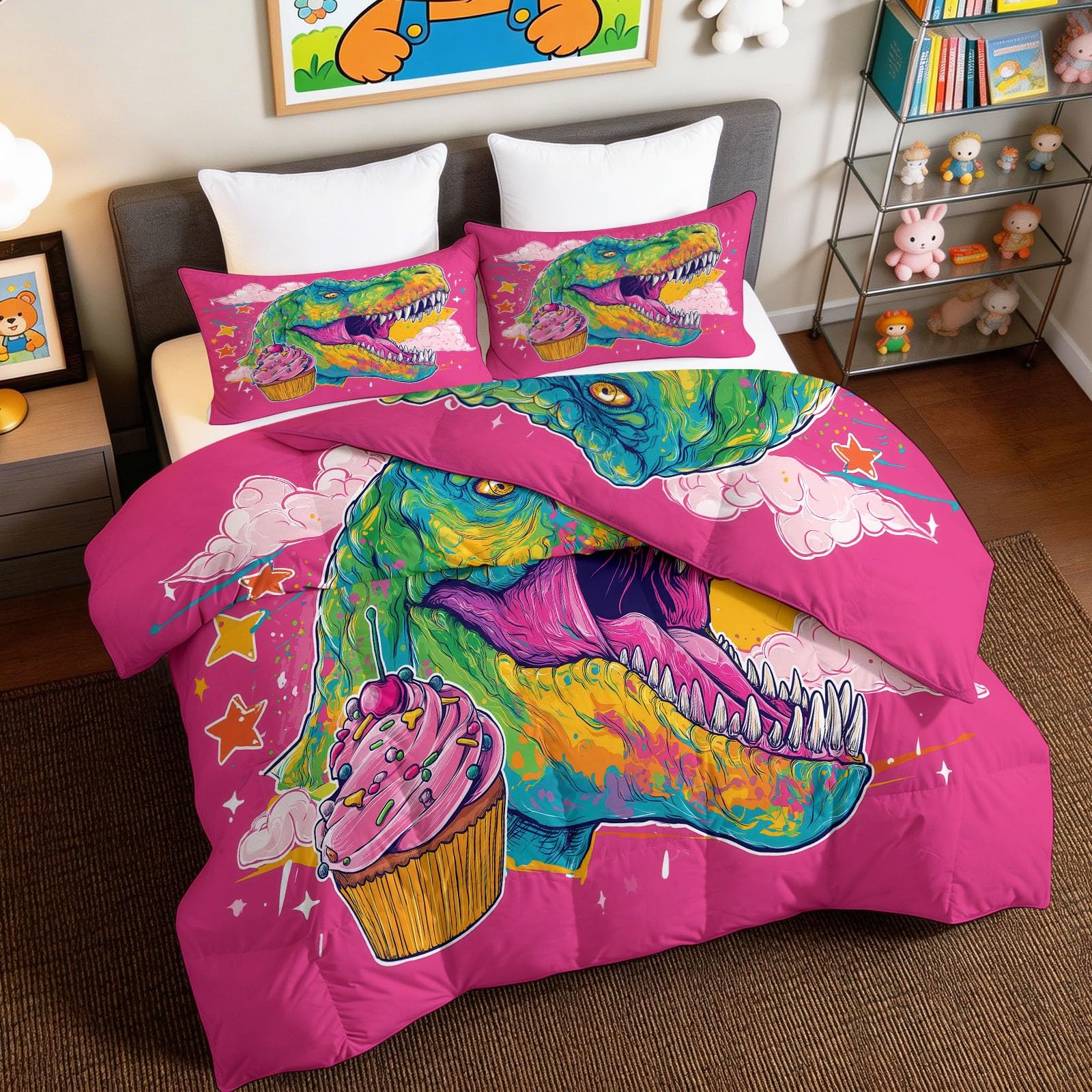 Kołdra Super King 7,5 Tog, dwustronny nadruk, kreskówkowy dinozaur T Rex, graffiti, dla dorosłych, oddychająca, miękka, całoroczna, hipoalergiczna, można prać w pralce, fioletowa, 260 x 220 cm