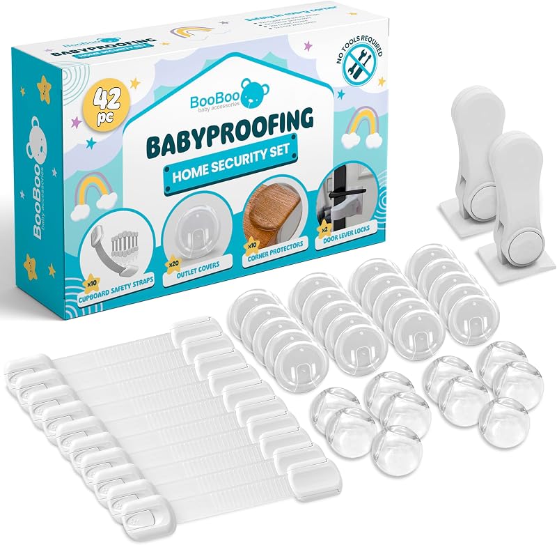 42 Pack Premium Child Safety Baby Proofing Kit | For Your Home and Kitchen with 10 Cabinet Drawer Locks, 10 Corner Guards, 20 Outlet Covers and 2 Door Lever Lock