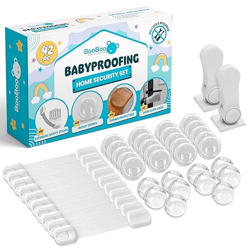 Booboo - Kit de seguridad para niños a prueba de bebés 10 cerraduras de cajones de gabinete, 10 protectores de esquina, 20 cubiertas de