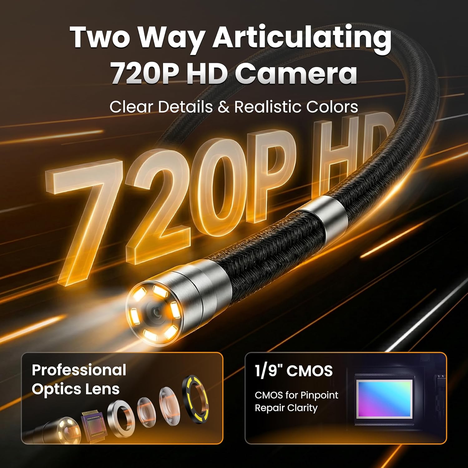 US23-MD62 Two-Way Articulating Borescope with Light, Industrial Inspection Camera with 6.2mm Articulated Probe, Flexible Mechanic Snake Scope for Automotive Engine Inspection – 3.3FT