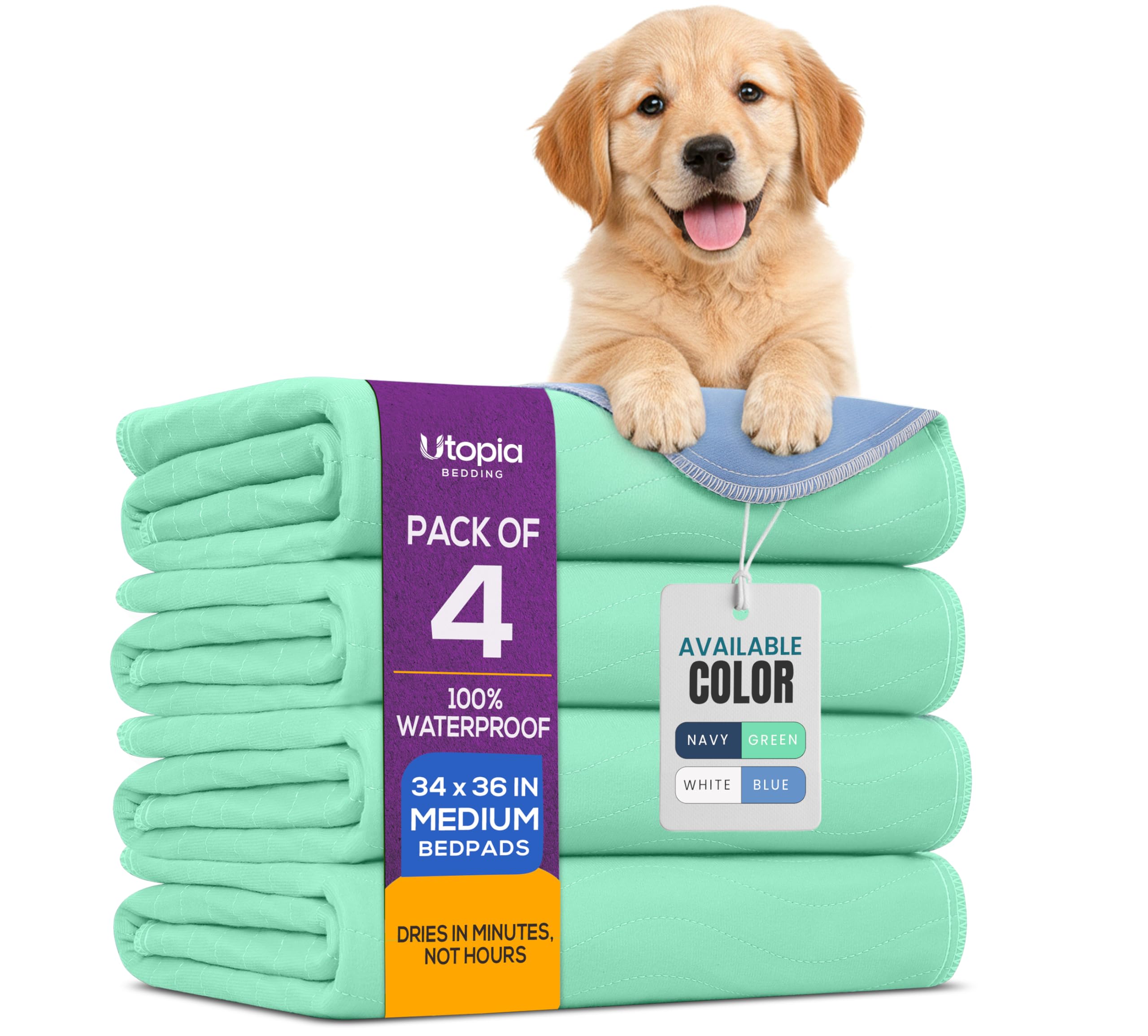 Washable Pee Pads for Dogs 34" x 36" (Pack of 4), Waterproof Incontinence Bed Pads for Adults, Elderly and Kids, Heavy Absorbency Pet Training Pads for Sofa and Couch (Green, Blue)