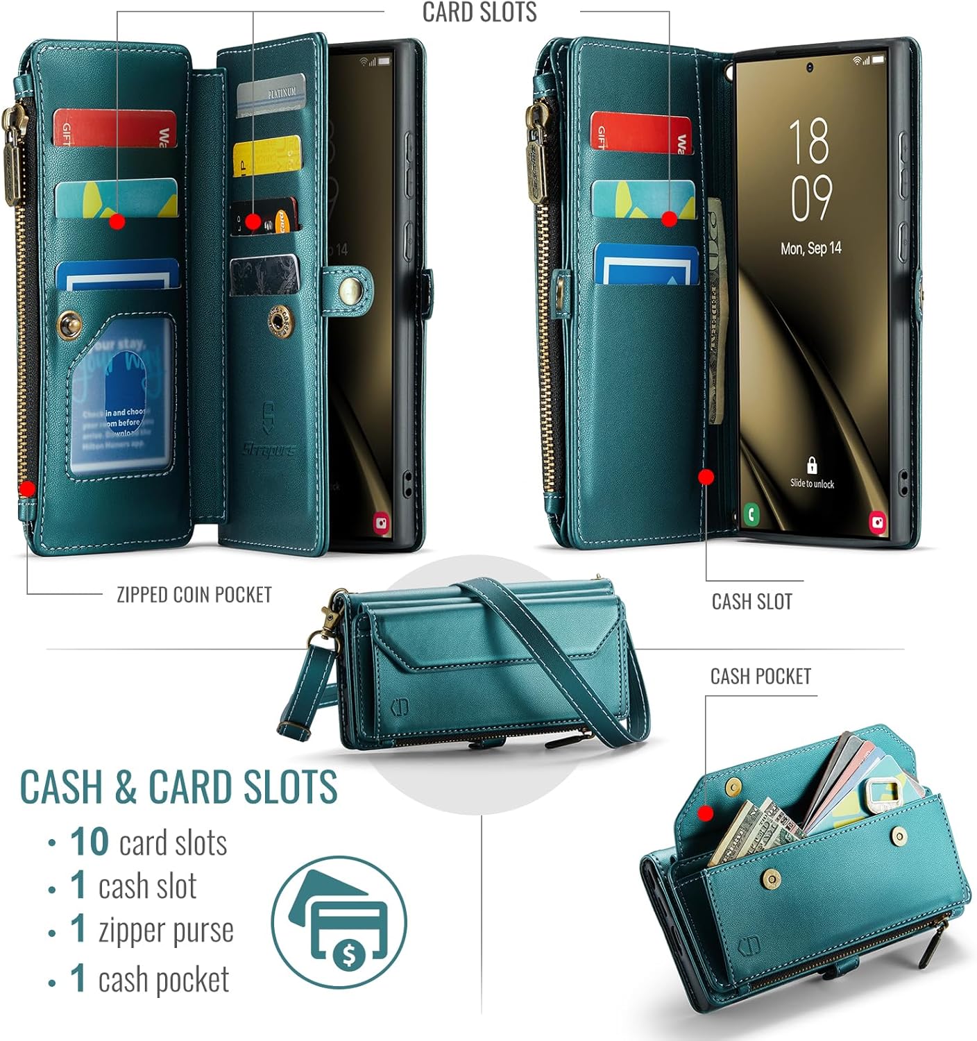 Strapurs Wallet Case Compatible with Samsung Galaxy S25 Ultra 5G RFID Blocking 10-Card Holder Soft PU Leather Magnetic Snap Strap Zipper Pocket Phone Case Fit for Galaxy S25 Ultra - Blue Green