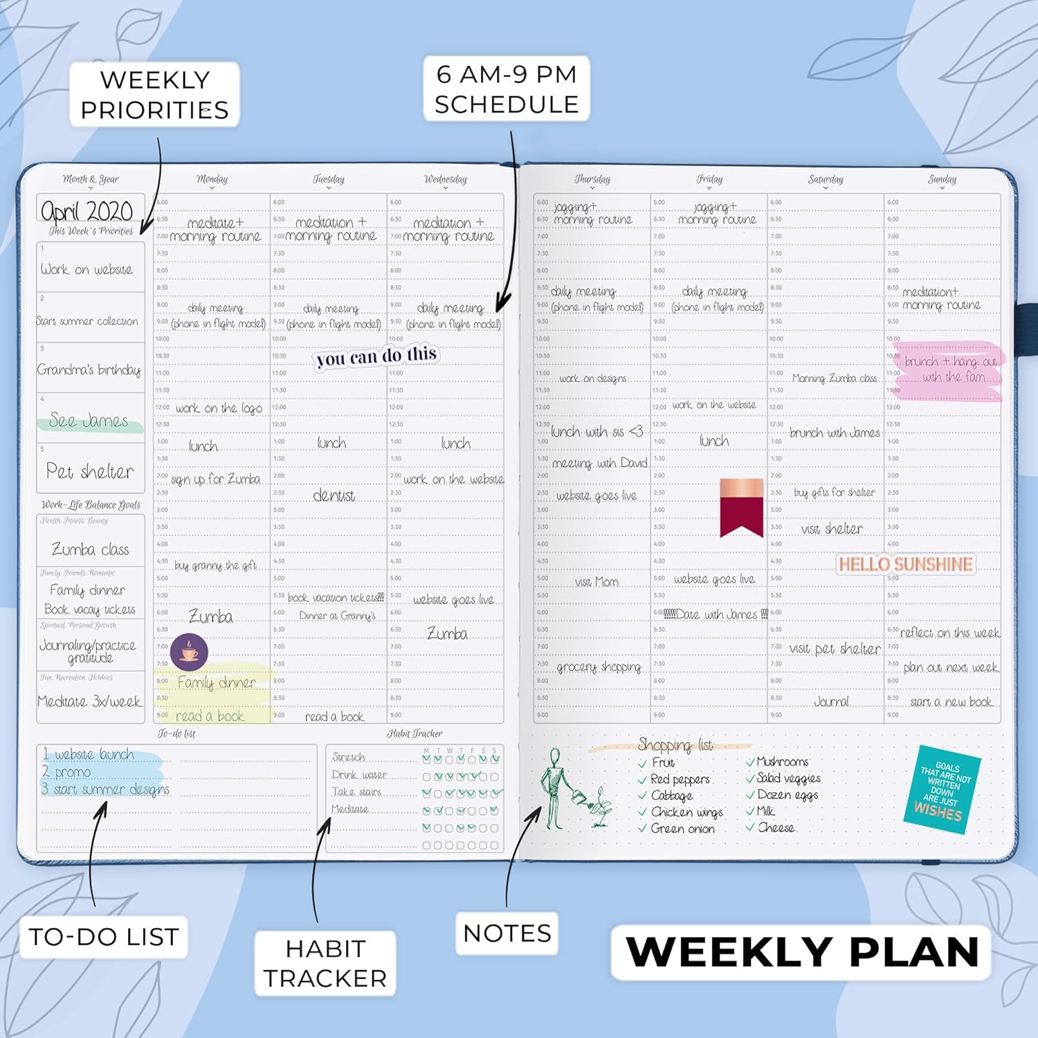 GoGirl Planner PRO Schedule - Undated Planner with Hourly Time Slots, Monthly, Weekly & Daily Organizer, Appointment Book for time Management, 7"x10" Hardcover, Lasts 1 Year - Blue