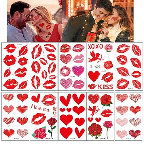 mdgfge 83 calcomanías temporales de tatuajes para el día de San Valentín, labios rojos, corazón, beso, amor, cupido, rosa, impermeables, para