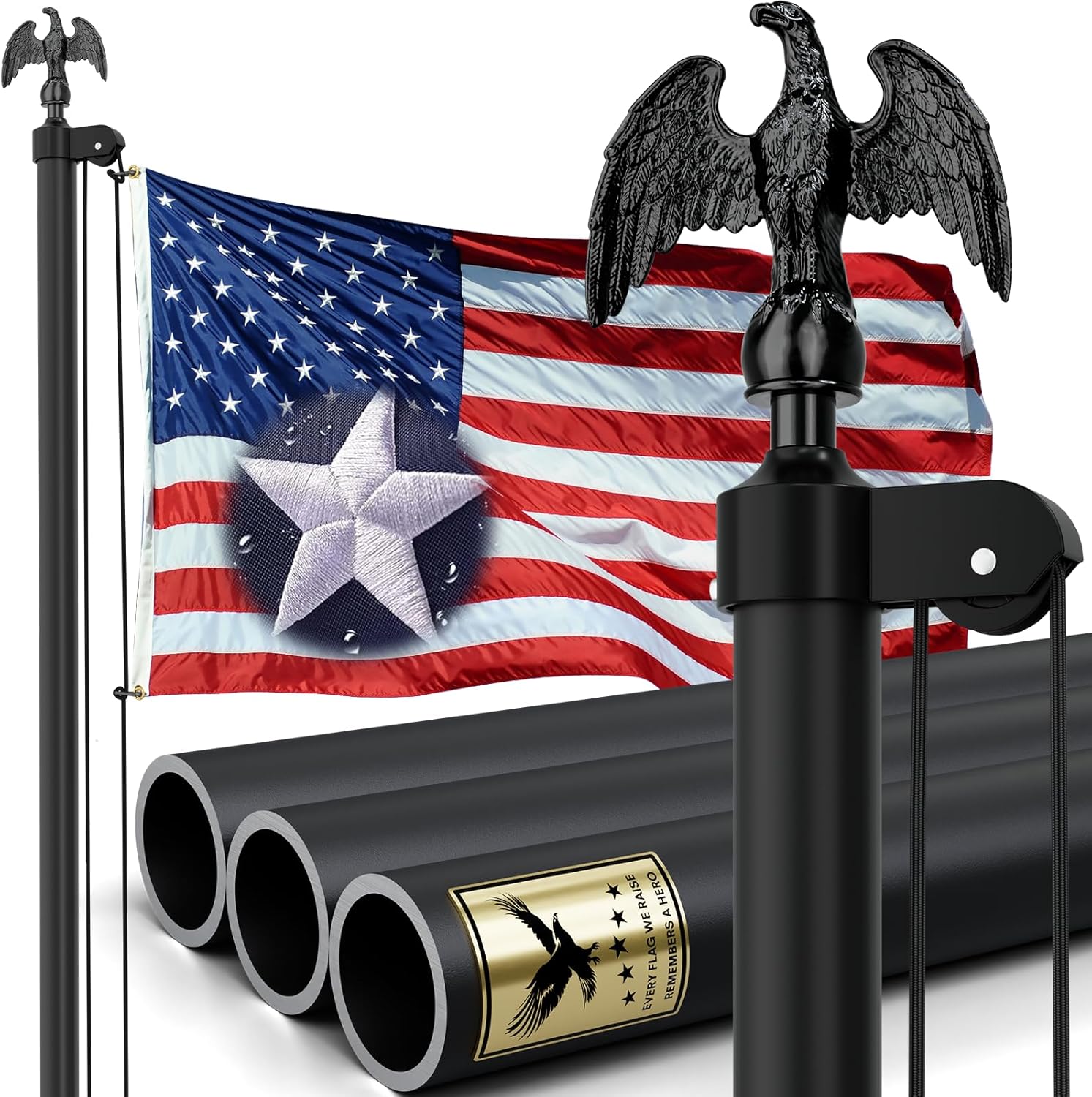 25FT Heavy Duty Flag Pole, 11 Gauge & 2-1/2'' Bottom Tube Aluminum | Complete Residential Flagpole Kit – USA Flag,Eagle Top & All Hardware to Fly Two Flags – Ideal for Patriotic Displays & Gifts