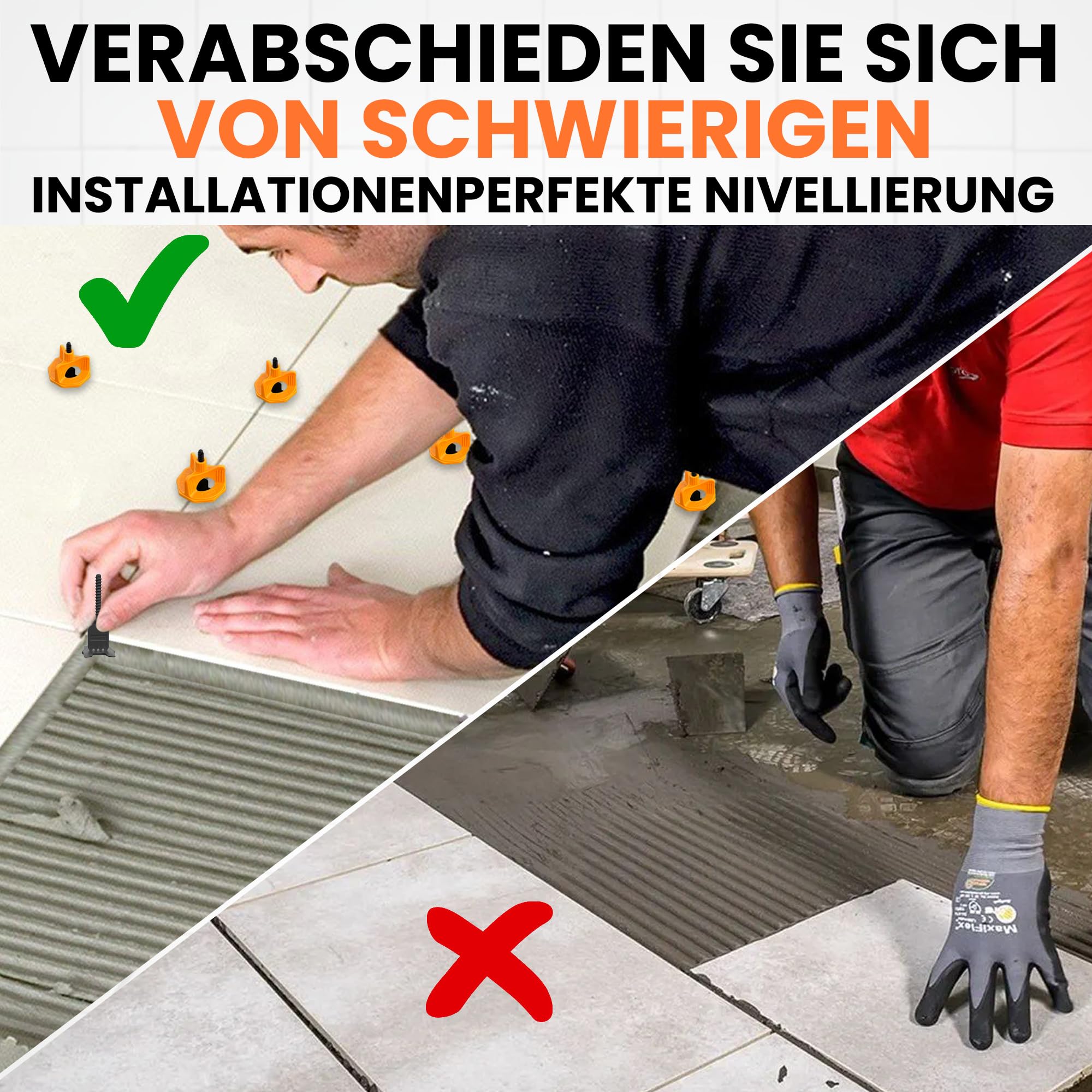 Nivelliersystem 3 mm – Starterpaket – 302 Stück – Fliesenverlegung | 100 Clips + 100 Scheiben + 100 Schutzvorrichtungen + Hammer + Wasserwaage gratis.