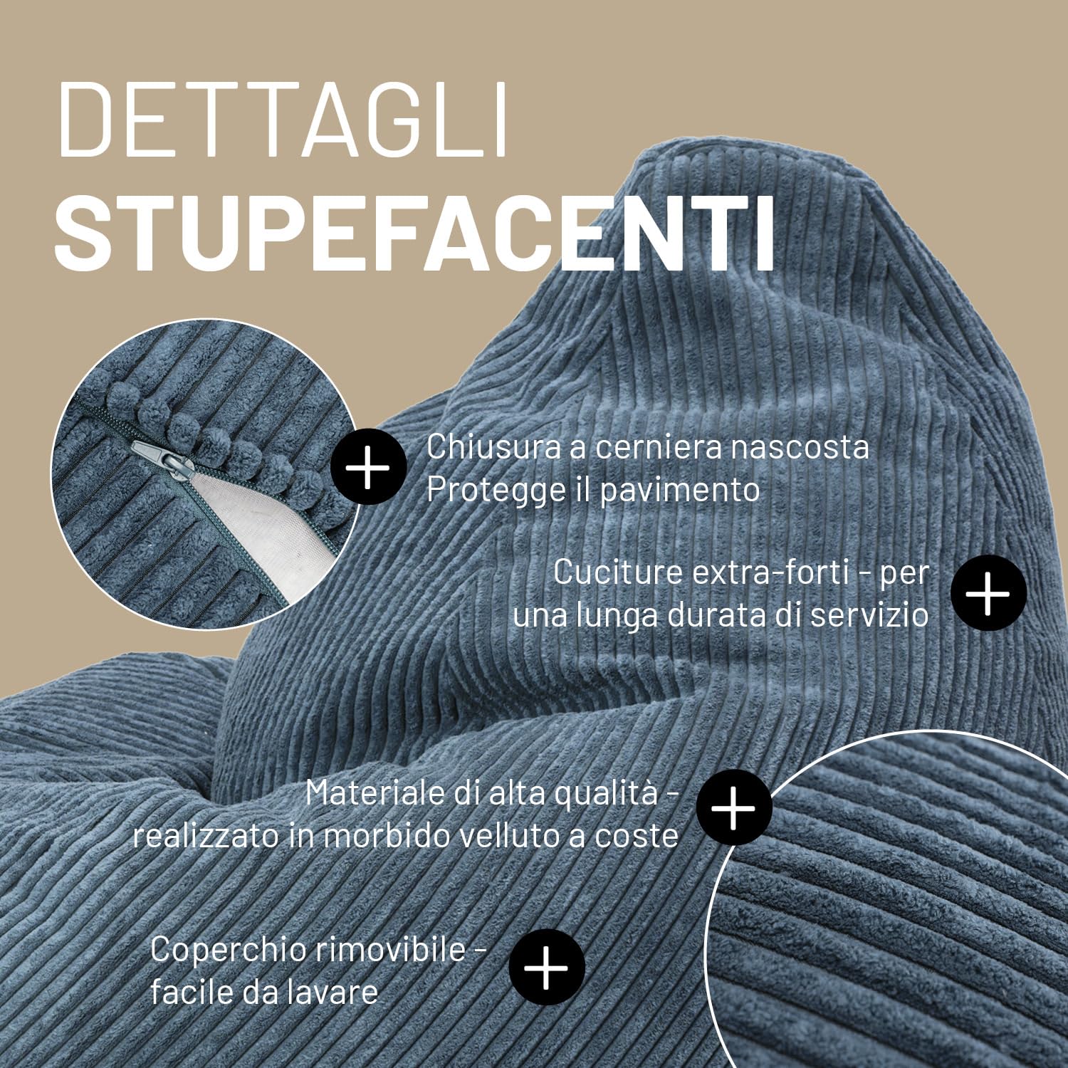 Lumaland Poltrona da gioco XXL in velluto a coste | Poltrona da gioco per adulti e adolescenti | Confortevole Bean Bag 135 x 100 cm [blu scuro]