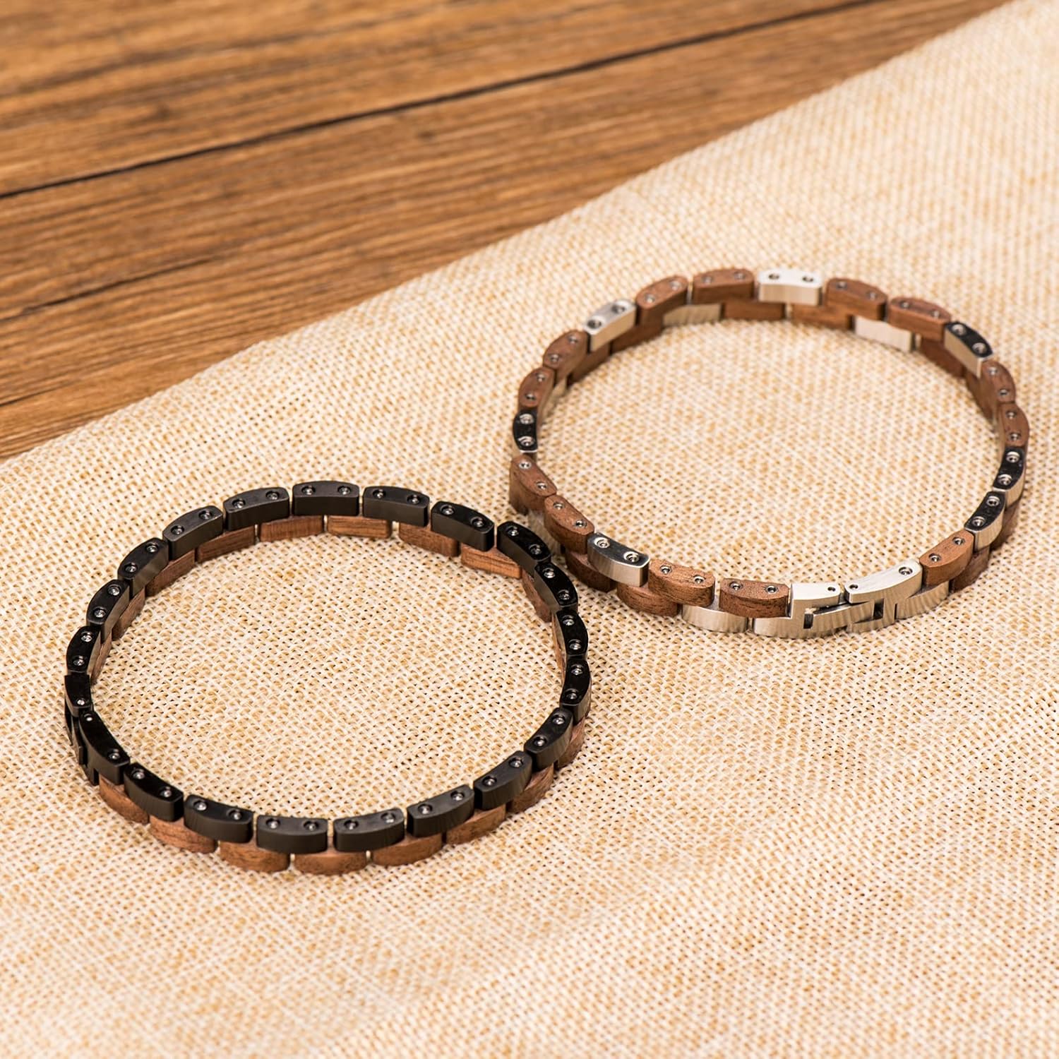 2win Wooden Bracelets for Men Walnut & Stainless Steel Link Chain Fashion Mens Bracelets Bangle Jewelry Gifts - 8.5inches Unique Gifts for Anniversary, Birthday, Weding, Graduation