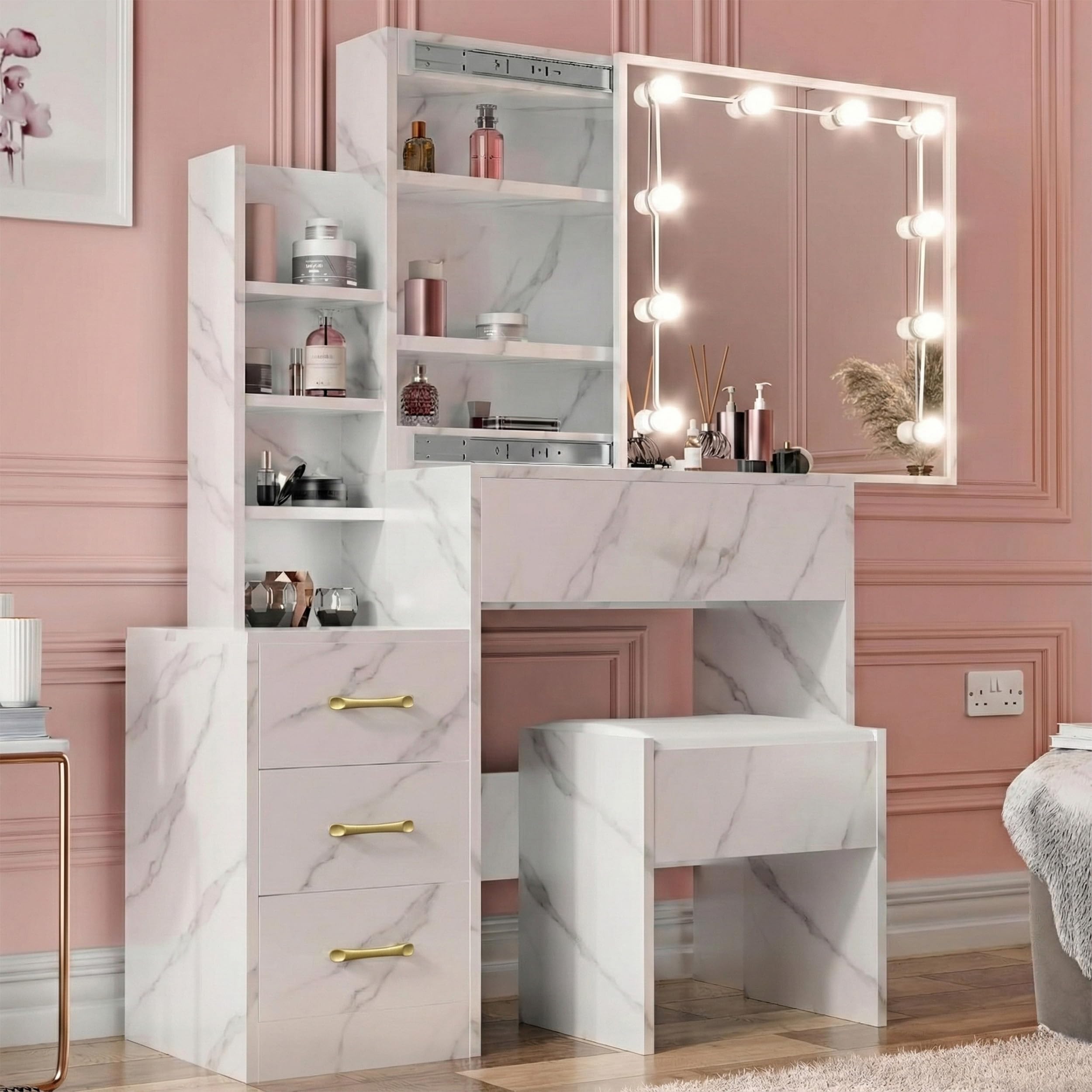 Blisswood Dressing Table with Mirror and Stool, Vanity Desk with 4 Drawer 3 open Storage Shelves and 3 Hidden Shelves with LED Bulbs, Modern Makeup Table for Bedroom & Living Room (Marble White)