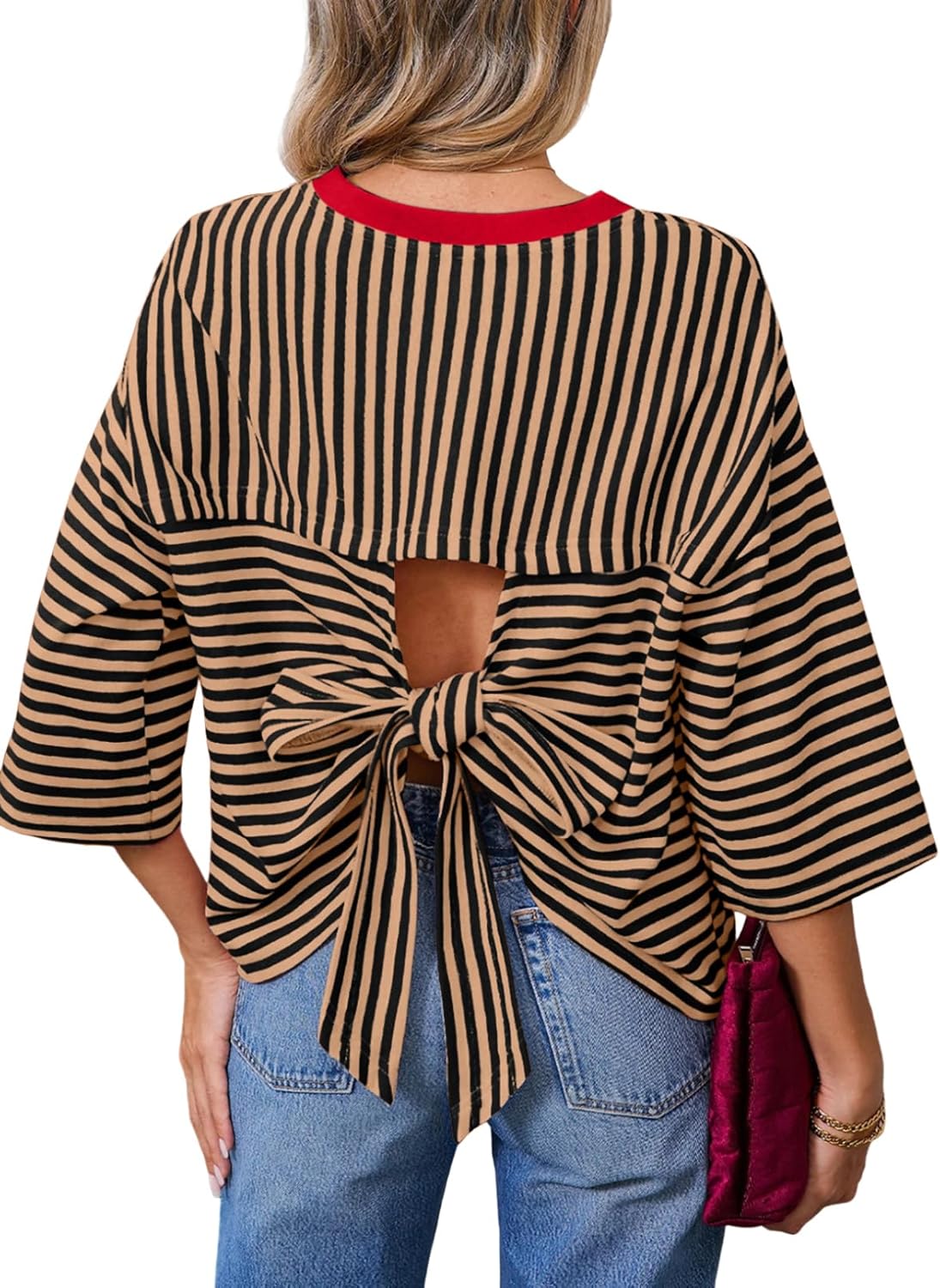 Dokotoo Womens Tops 2026 Striped Tie Back Short Sleeve T Shirts Crewneck Casual Loose Basic Tee Summer Outfits