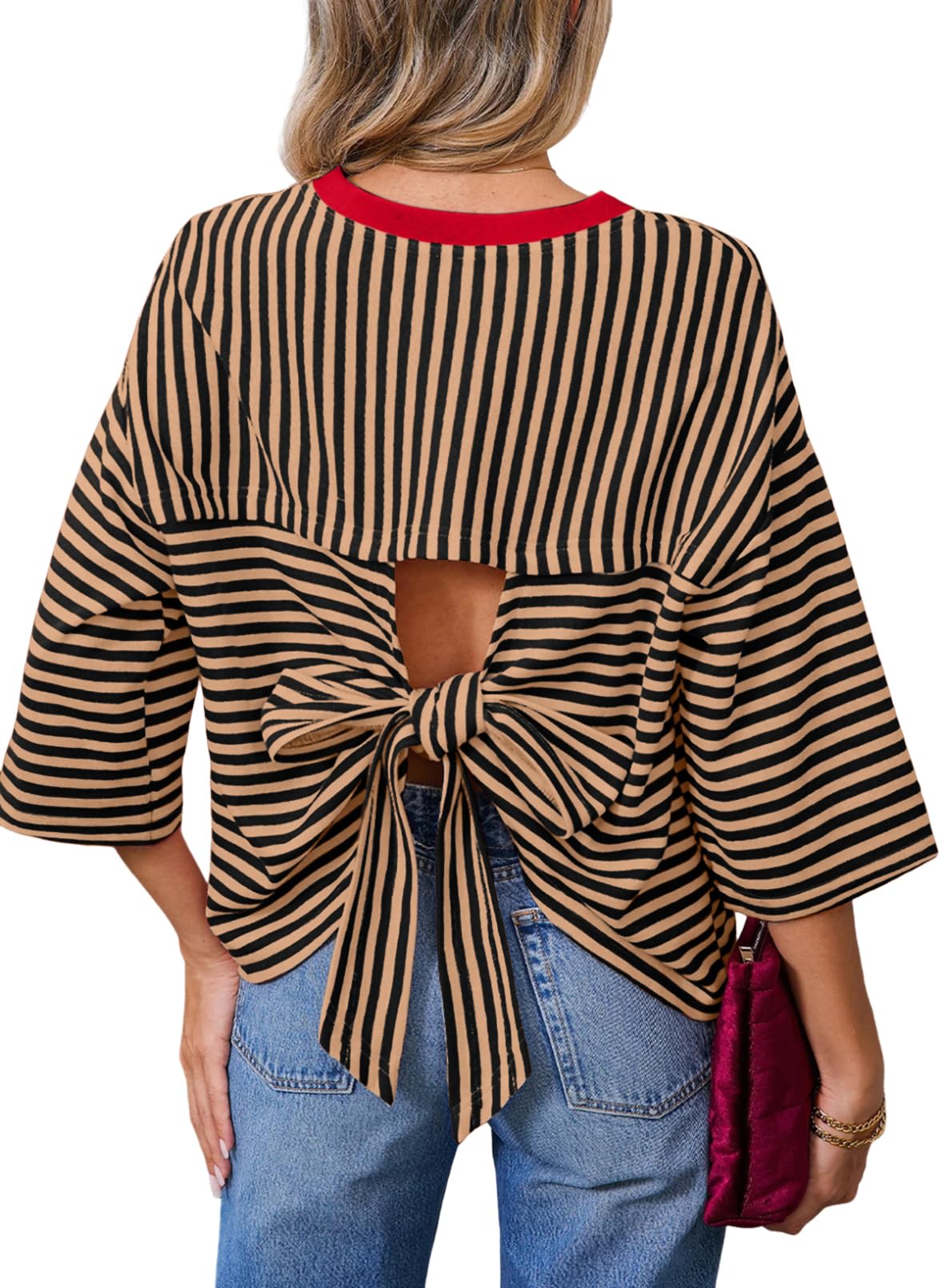 Dokotoo Womens Tops 2026 Striped Tie Back Short Sleeve T Shirts Crewneck Casual Loose Basic Tee Summer Outfits — view 13