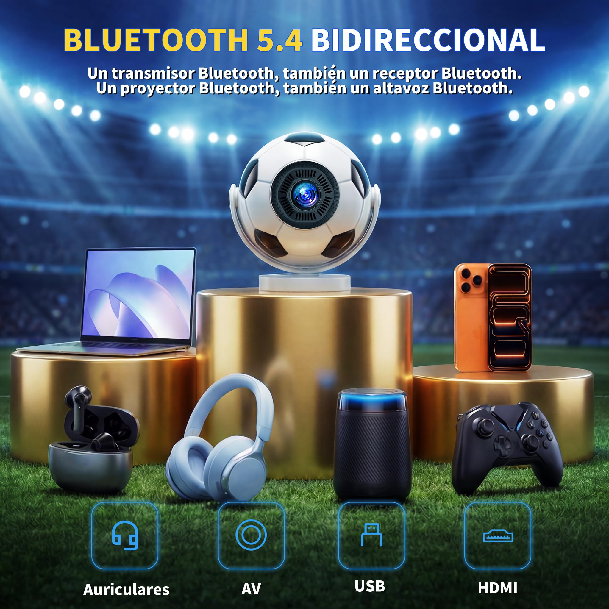 [Built-in Apps & 2026 Football Proyector] Mini Proyector Support 4K 1280P with WiFi 6 and Bluetooth 5.4, Auto Keystone 360° Rotatable Projector Portable Compatibile with HDMI/TV Stick/USB - White
