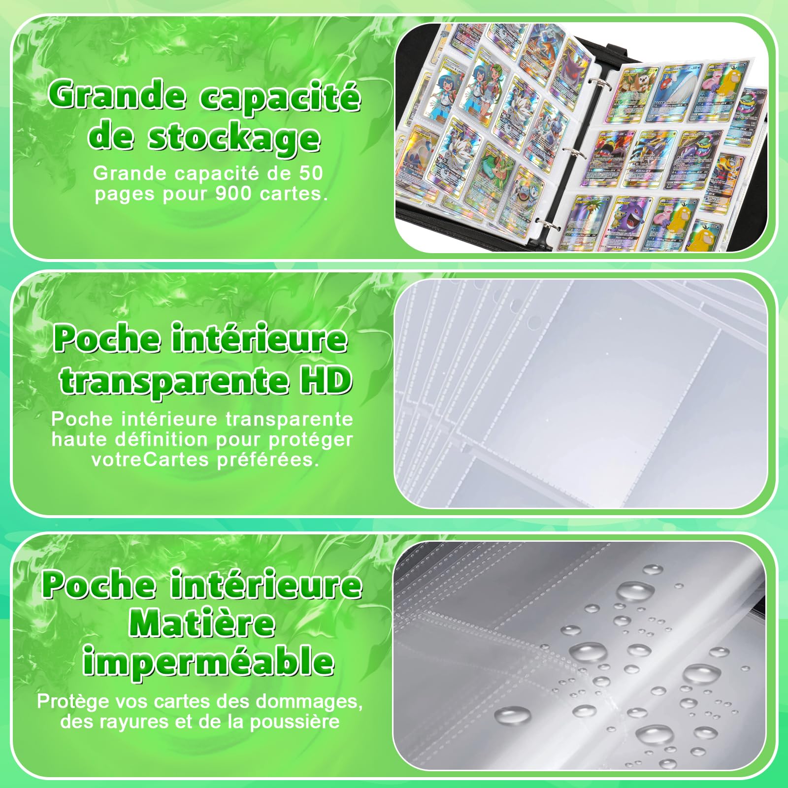 Classeur Carte,Capacité de 50 pages de 900 Cartes, Porte Cartes,Organisateur de cartes,Porte Cartes en cuir Imperméable Fermeture éclair, un cadeau les garçons et les filles - CM900