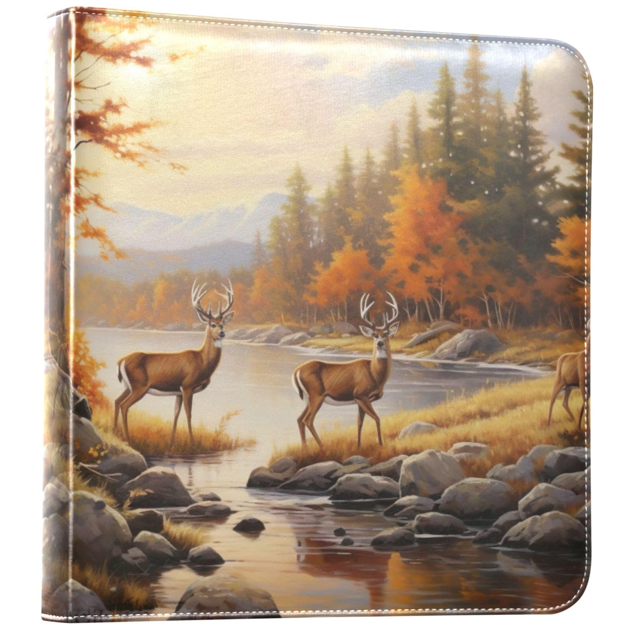 Landscape Painting Deer 3 Ring Album 5x7 Photo Album 4x6 Leather Scrap Books, Self Adhesive Post Card Album Dog Photo Album, 11.8x11.2x1.5 Inch