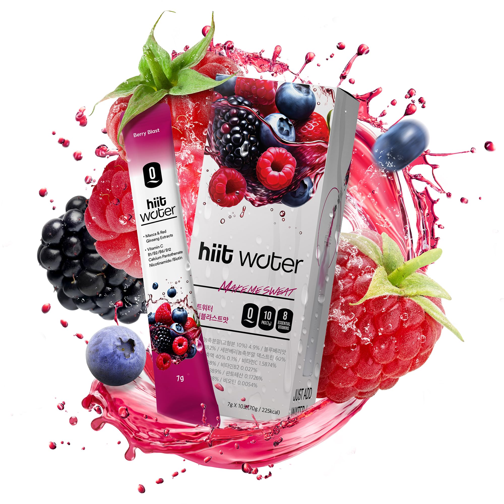 HIITWATER BERRYBLAST Energy Sticks, Sparkling Energy Drink Powder, Boot Burn Formula with Korean Red Ginseng, Guarana, Taurine, On-The-Go Clean Energy Mix, Zero Sugar, 5 Calories, 10 Pack