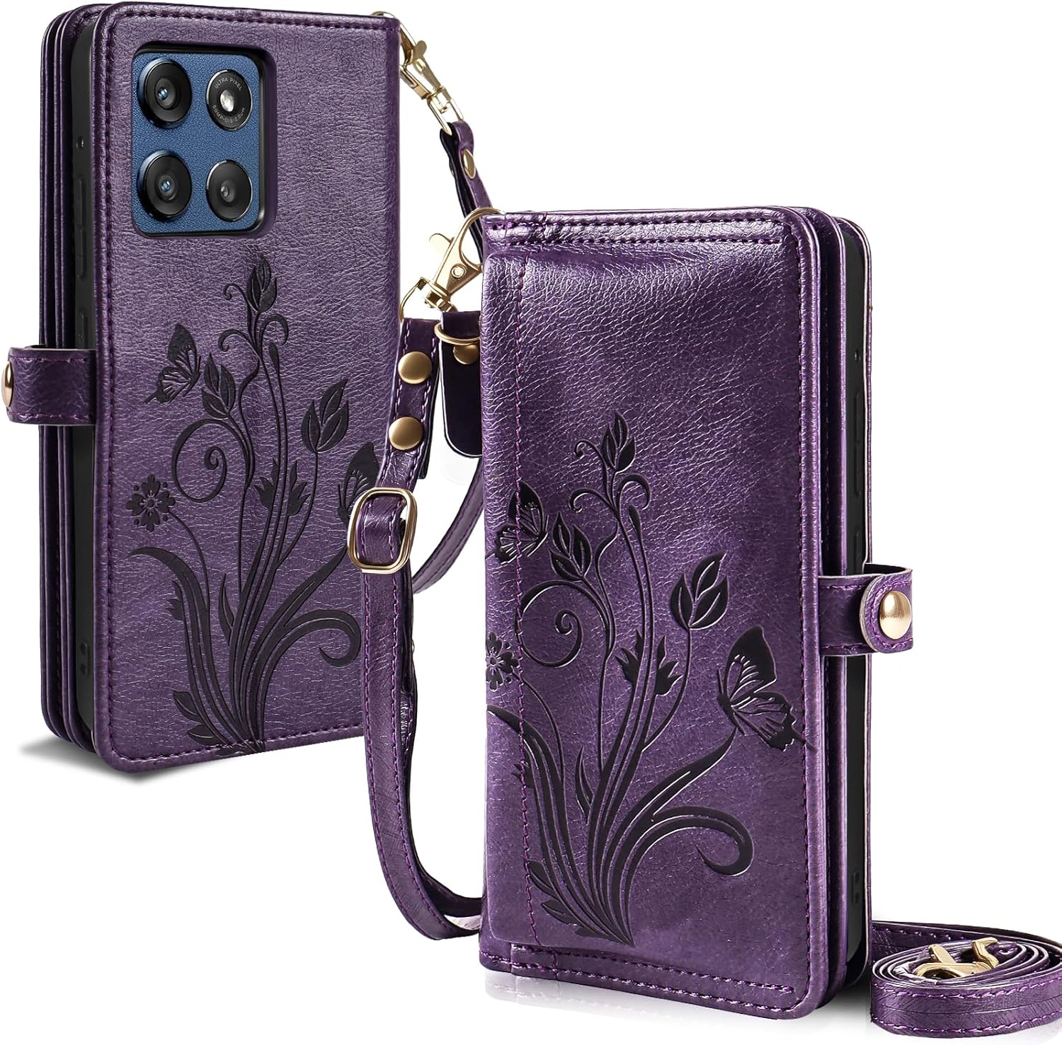 Lacass for Motorola Moto G Stylus 2025/2026 Case Wallet, [Cards Theft Scan Protection] Card Holder Zipper Leather Flip Cover Crossbody Wrist Strap with Stand(Floral Dark Purple)