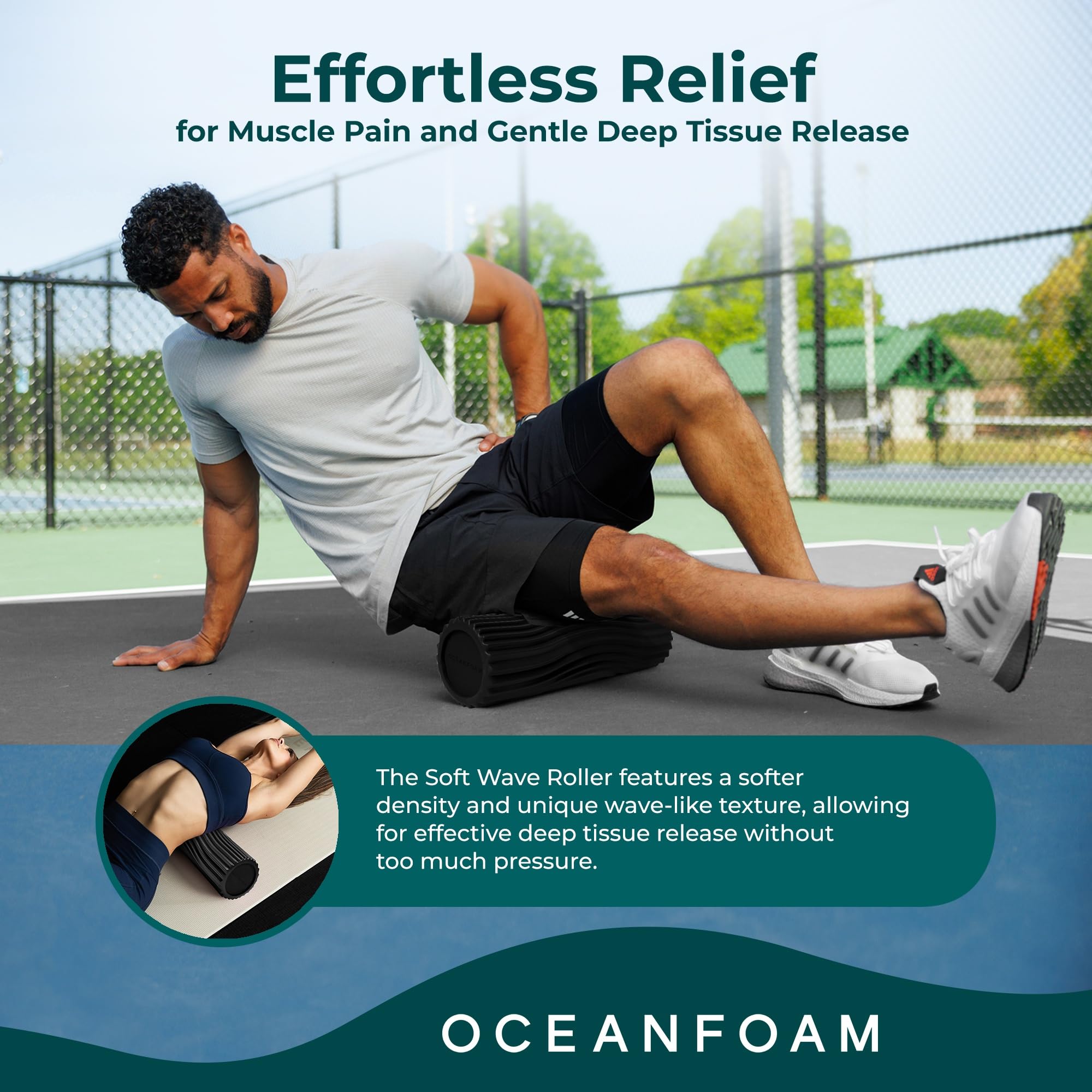 Oceanfoam Soft Tidal Roller (negro) - Rodillo de espuma de baja densidad para terapia física, dolor de espalda, ejercicio y estiramiento, textura ondulada, yoga, atletismo y bienestar, tamaño completo