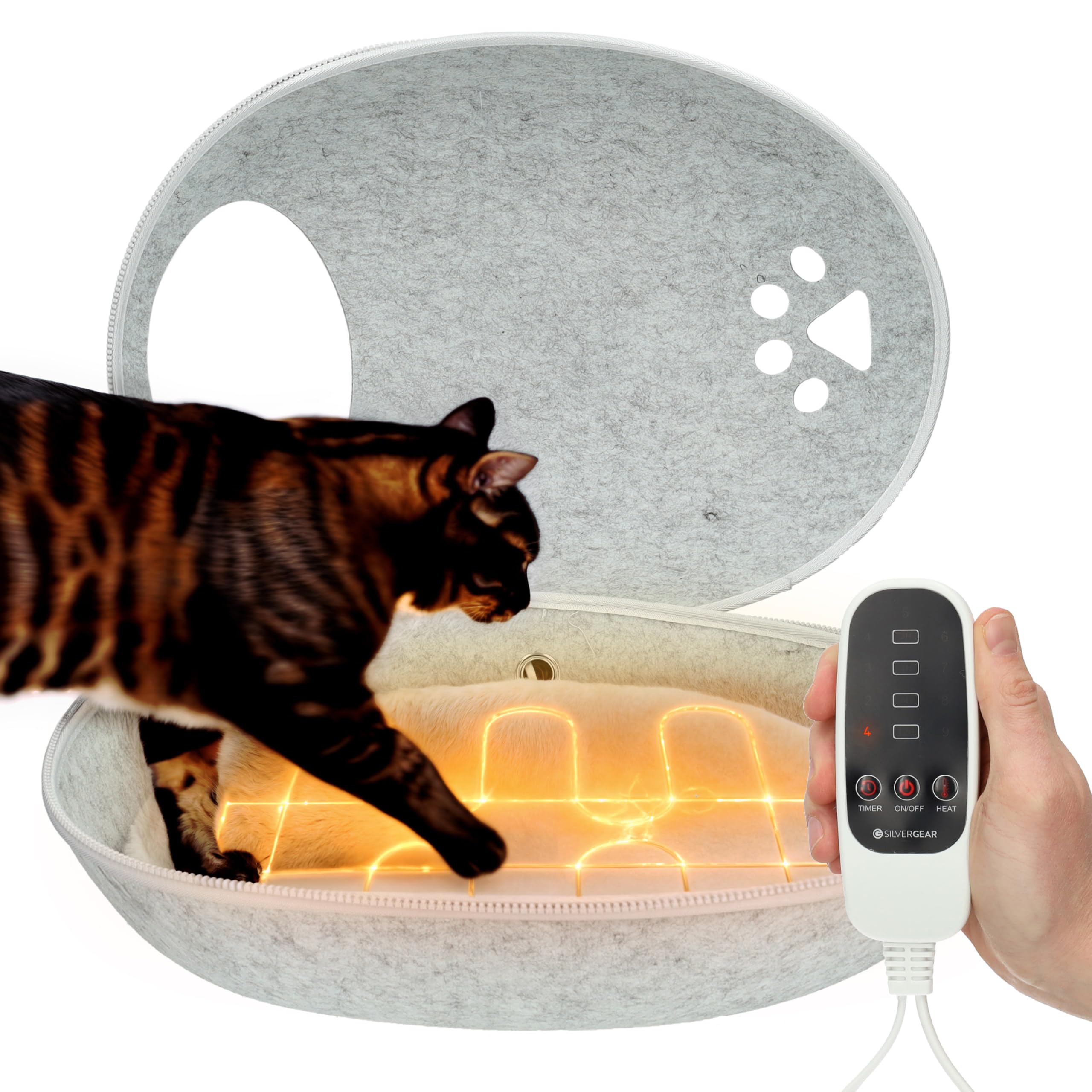 Silvergear® Katzenbett mit Heizung | Heizdecke für Katzen | Katzenklo mit Heizkissen | Katzenhöhle | Katzenspielzeug | 9 Heizmodi | Incl. Funktion Zeitmessung | Grau
