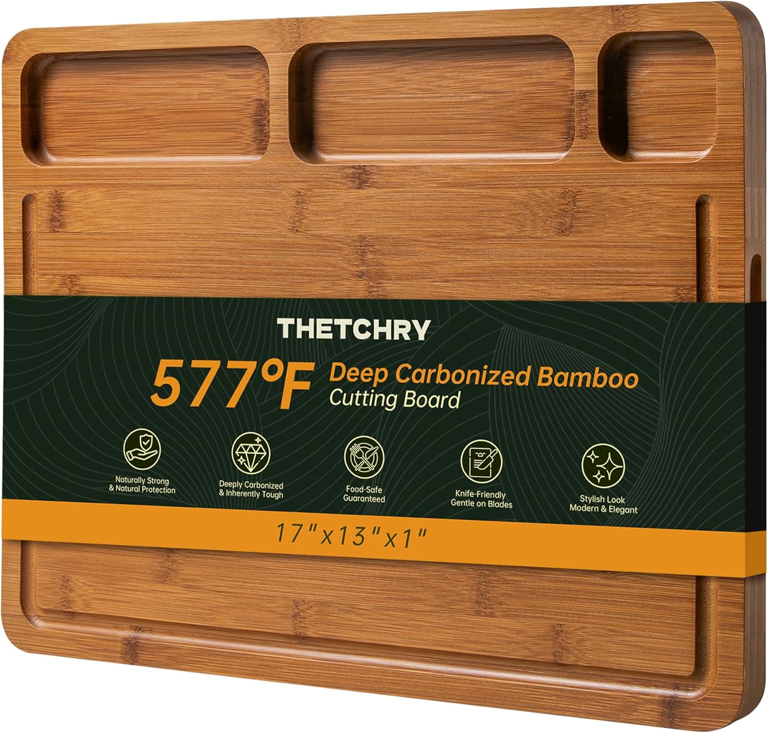 THETCHRY Carbonized Bamboo Cutting Boards for Kitchen, 1"Thickened Cutting Board with Juice Groove, Large Butcher Block with Handle, Wood Charcuterie Chopping Board for Prep & Serving Tray, 17" x 13"