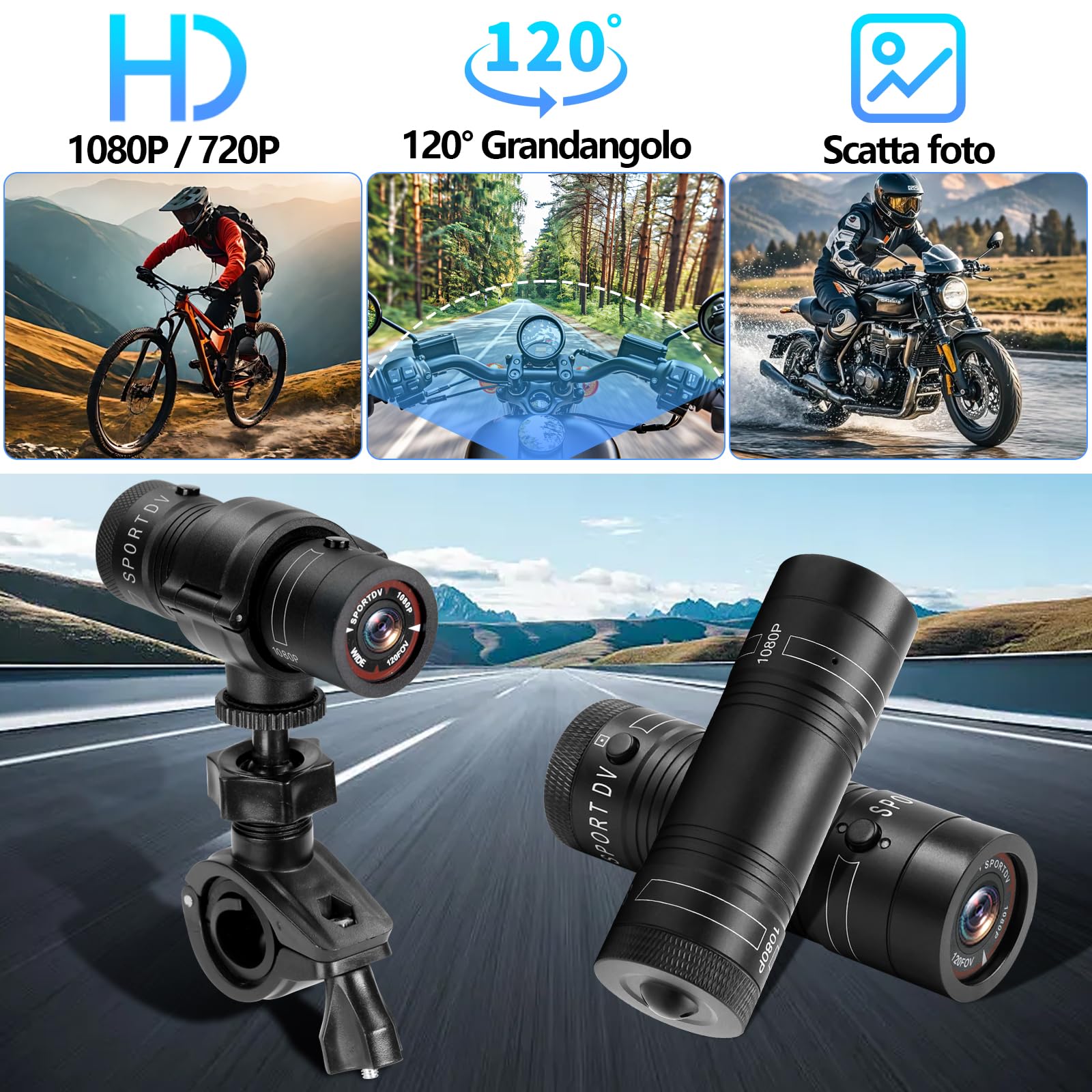 Dashcam Moto 1080P Grandangolo IP63, Action Cam per Moto & Bici | 5h batteria, 12MP foto, 3 supporti (casco/moto/bici), loop, 256GB SD