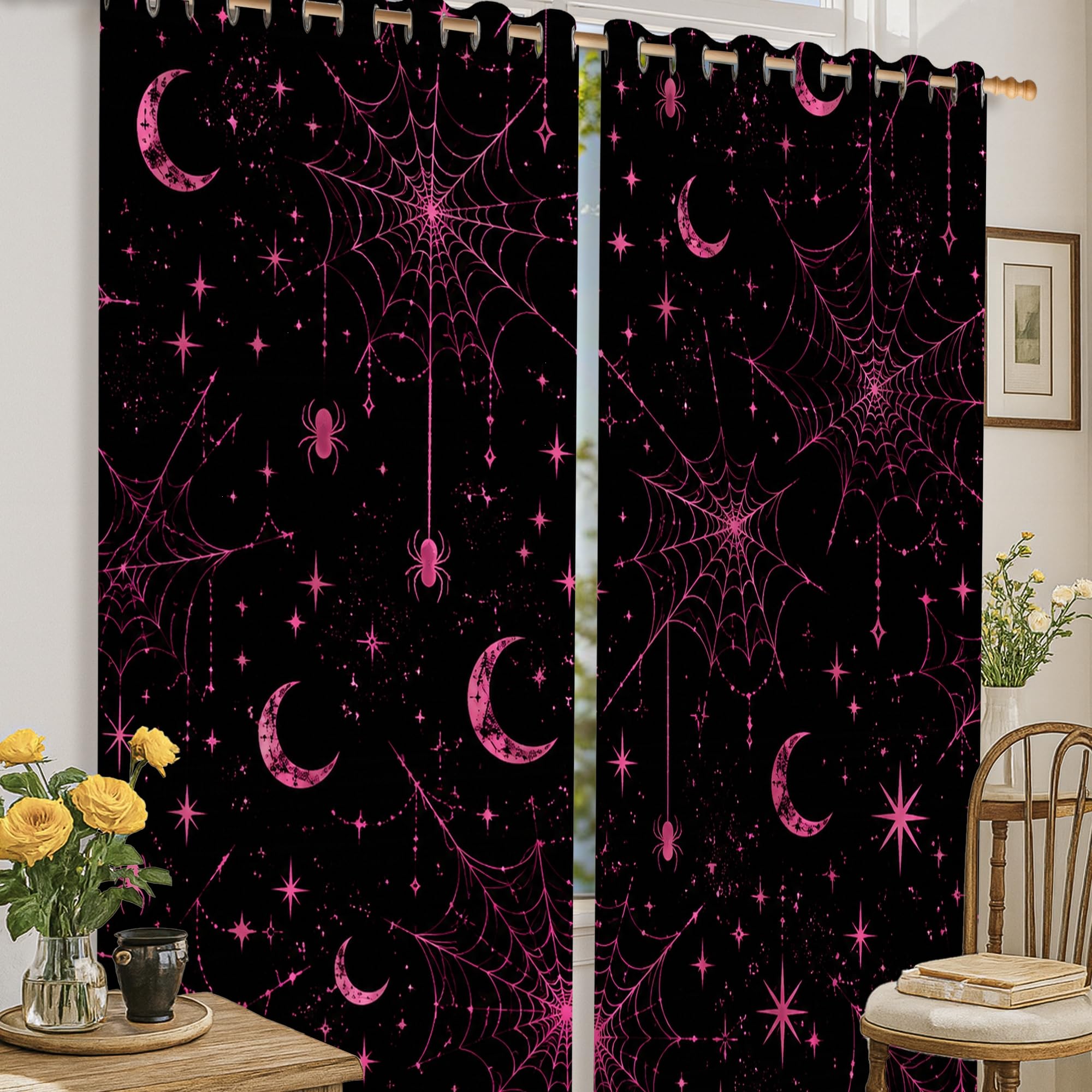 Rideaux occultants gothiques noirs avec motif lune et araignée