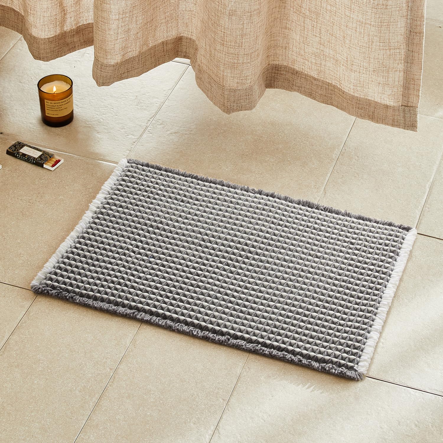 TYUU Waffle Bath Mat, Small Boho Bathroom Rugs Non Slip 24x16 Grey &amp; White