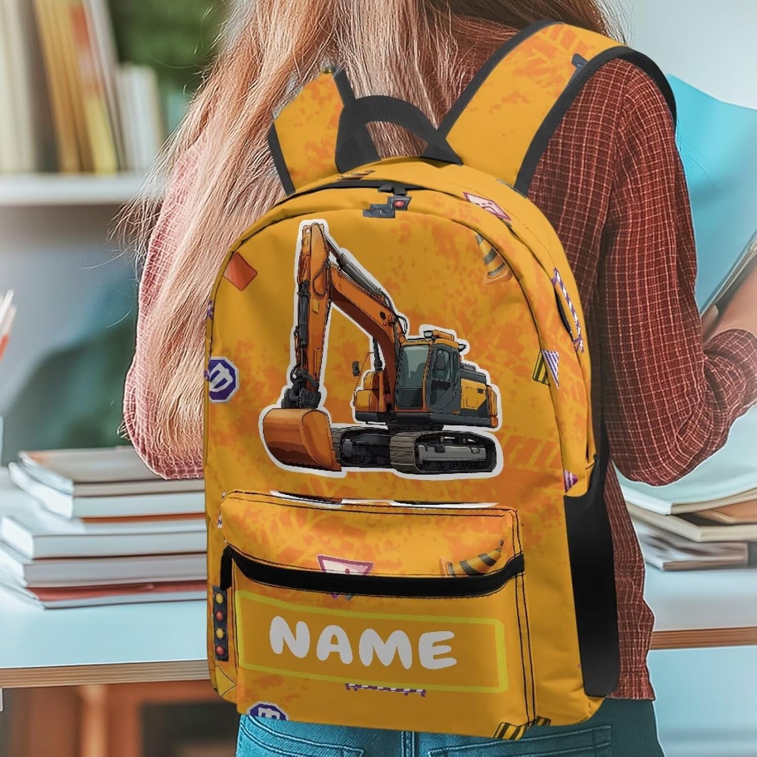 Custom Excavator School Backpack for Boys, Orange Personalized Name Kids Bookbag, Customized School Bookbag Gift for Kids Primary Elementary Student