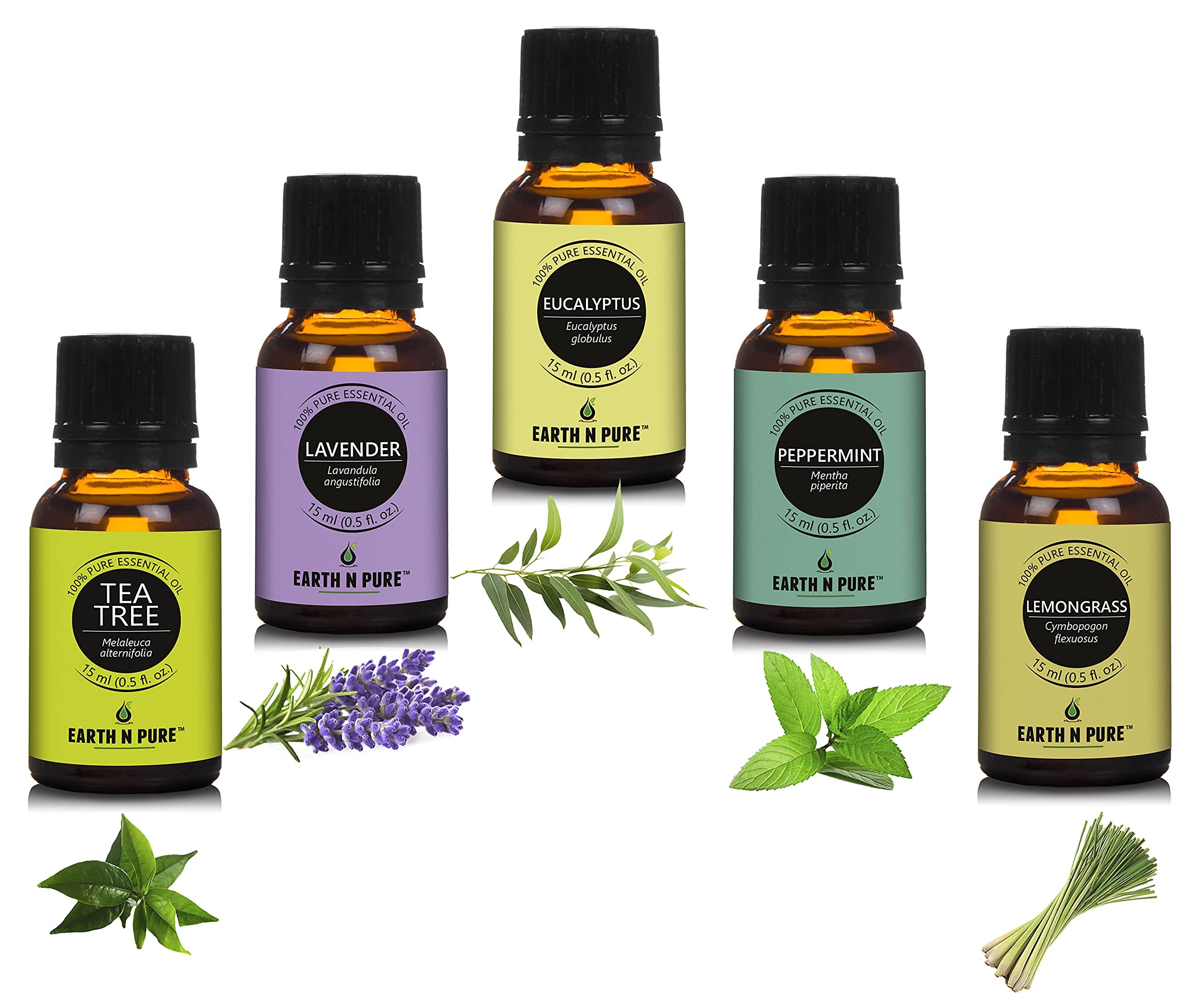 Earth N Pure Essential Oils (Tea Tree, Lavender, Eucalyptus, Peppermint & Lemongrass) | Pack Of 5 (15 ml each)|100% Pure, Undiluted, Natural And Therapeutic Grade - Perfect for Aromatherapy & More