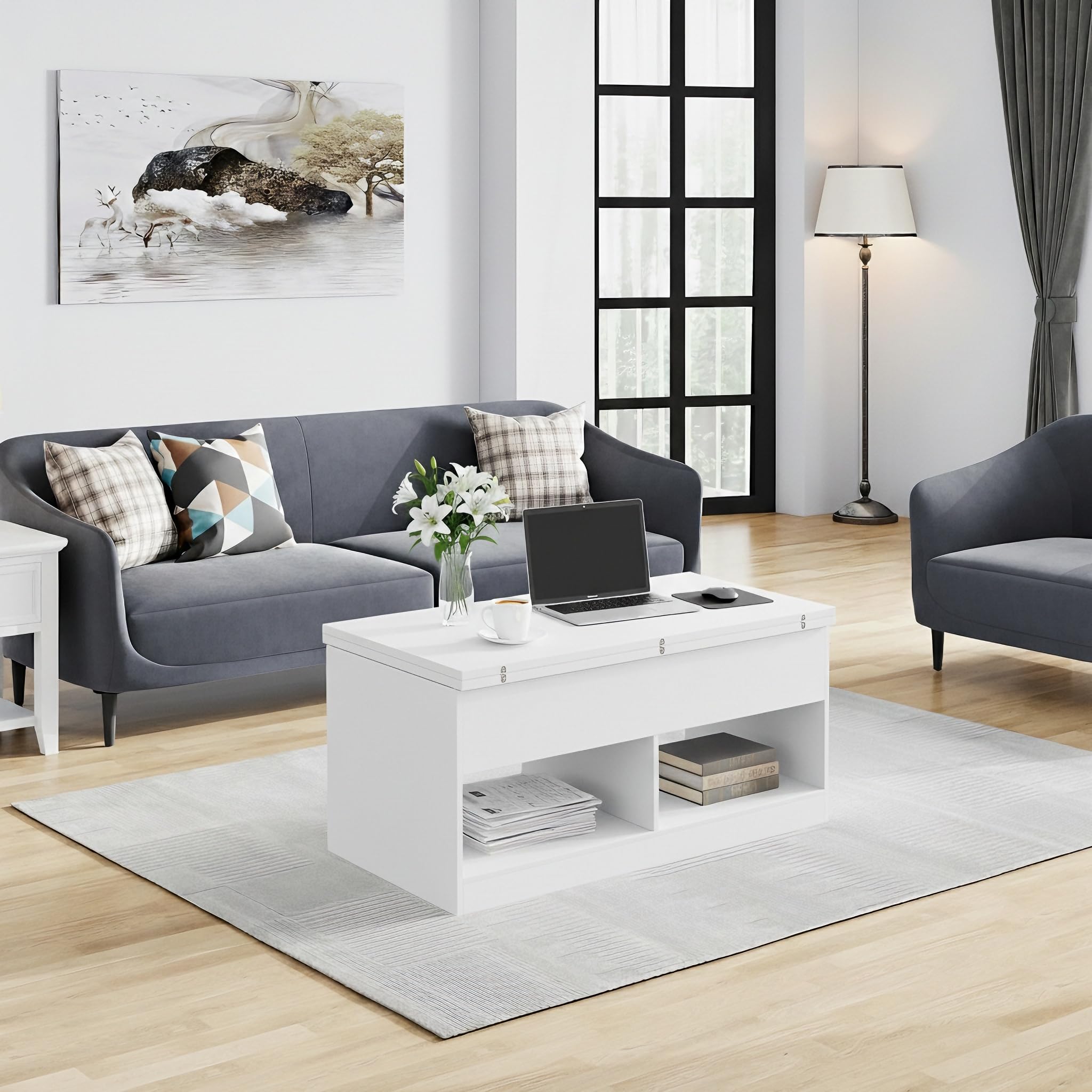 Mesa de café, mesa de salón ajustable en altura, mesa de café con placa elevadora, 2 compartimentos abiertos y almacenamiento oculto, mesa auxiliar rectangular para sofá, puede convertirse en
