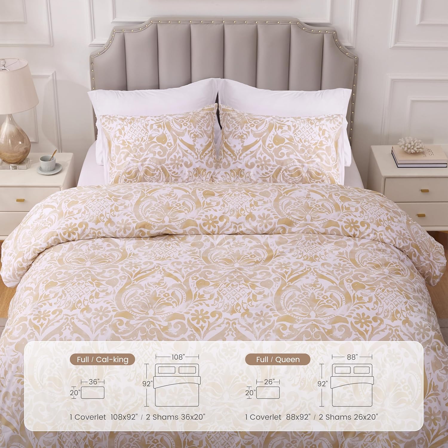 Sophia Willam Damask 3 Pieces Comforter Set King Size, Cotton Fabric with Microfiber Inner Fill, 1 Comforter (108x92) and 2 Pillowcases (36x20),Bronze Damask