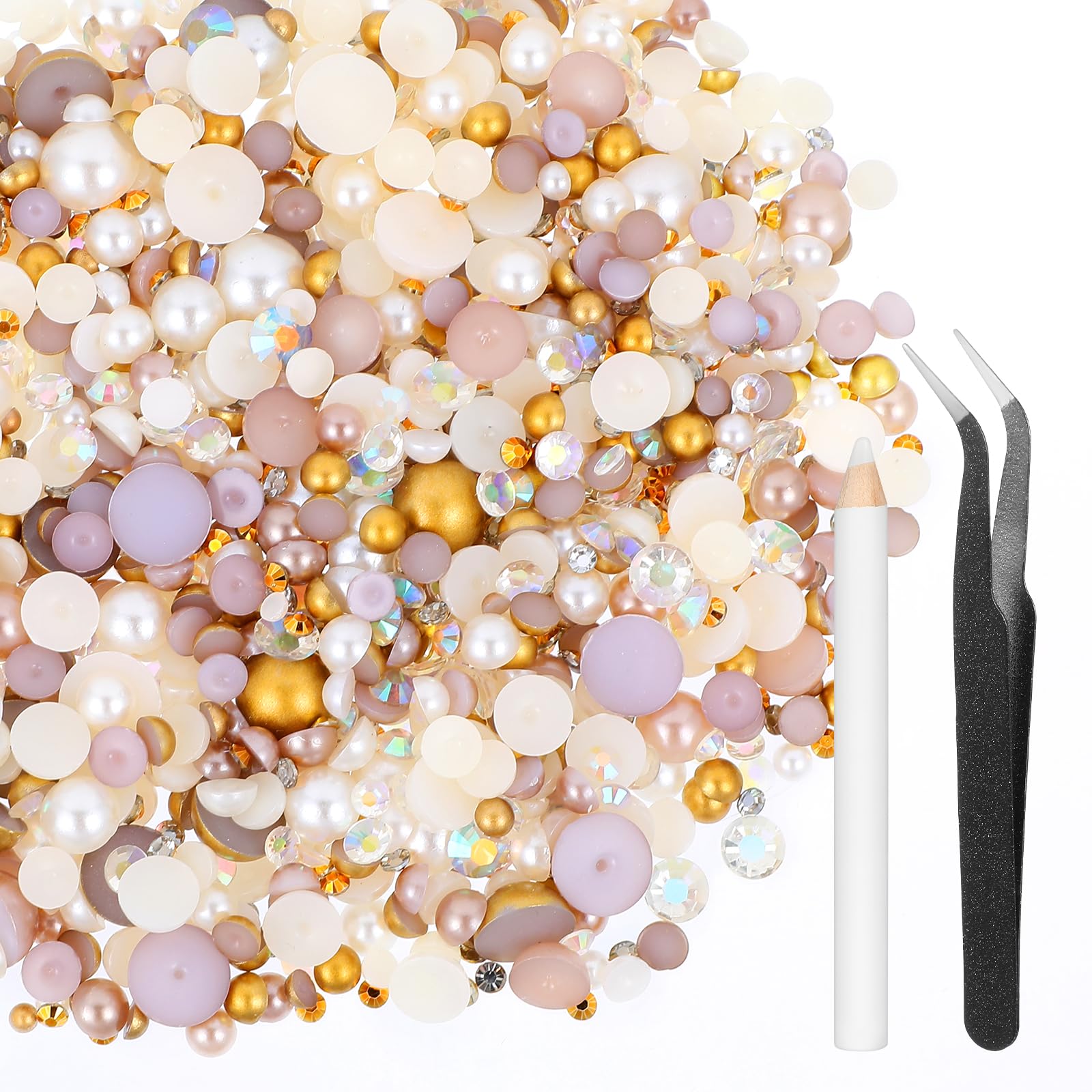 50g Flatback Pearls and Rhinestones for Craft Mixed Size 3mm-10mm with Tweezer and Pickup Pencil Bedazzling Crystal Arts Rhinestones Half Pearls for DIY Tumblers Mugs Nail Art Shoes Clothes