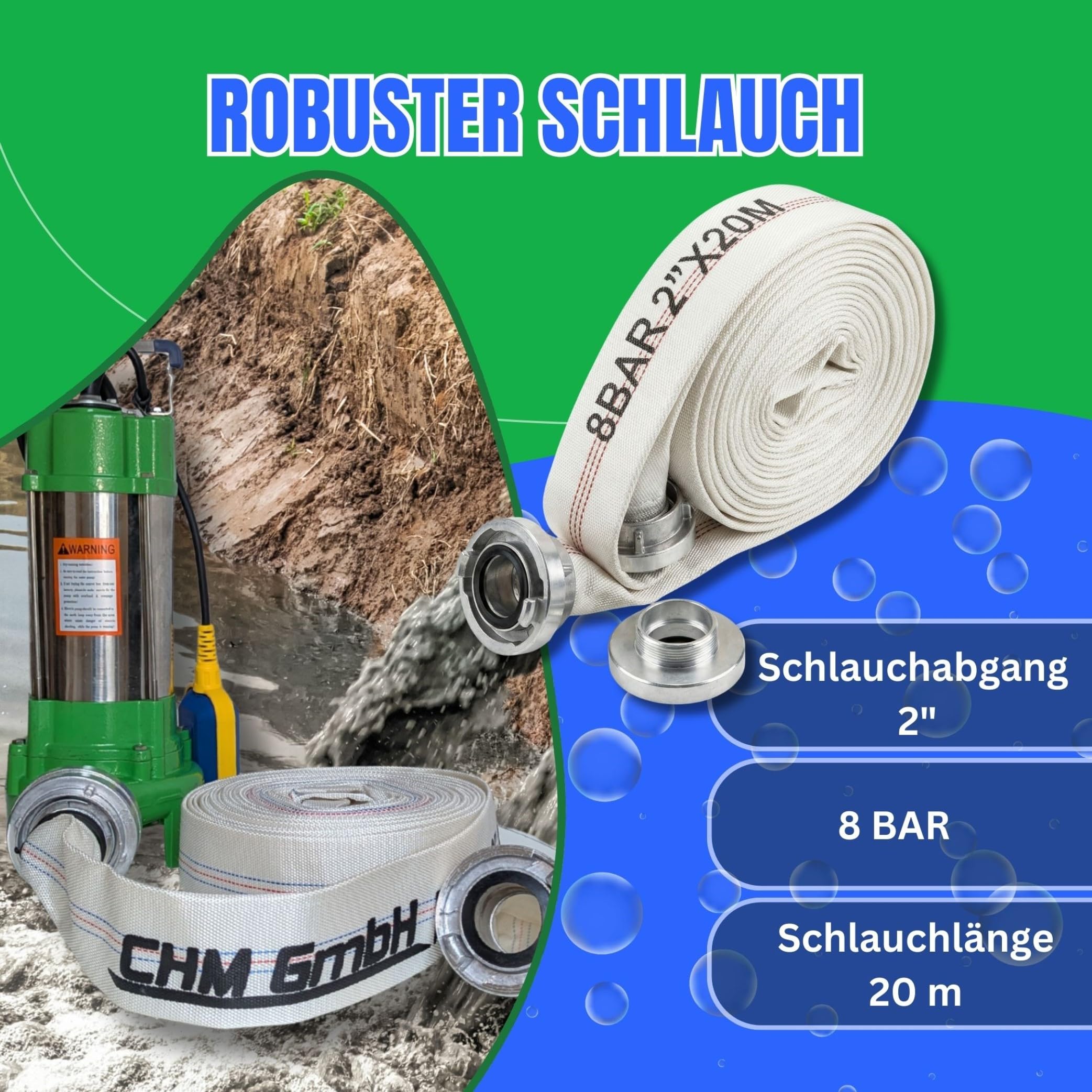 Profi Fäkalienpumpe Schmutzwasserpumpe V550 11000 L/h (Profi Fäkalienpumpe mit 20m 2" C-Schlauch)