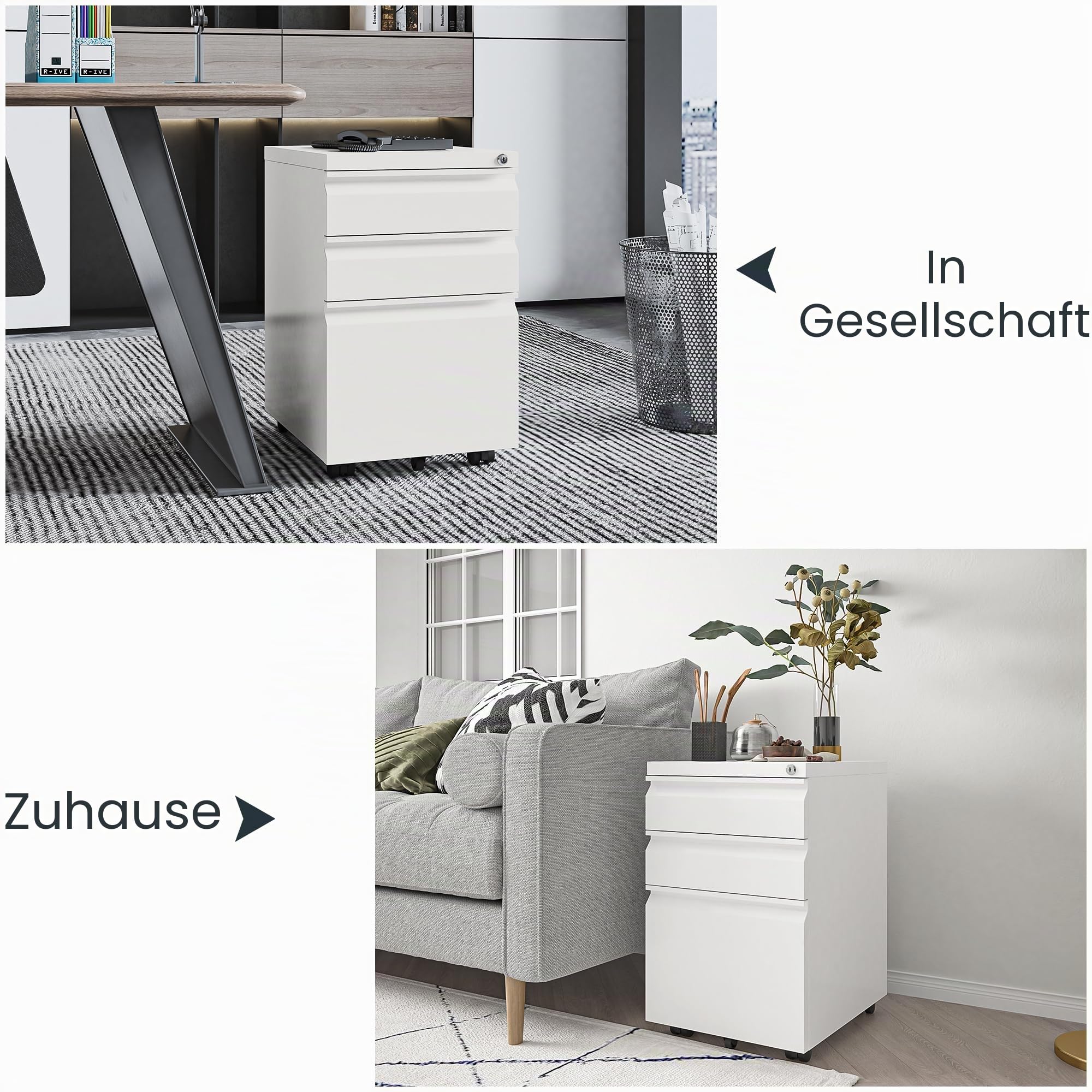 FLEXISPOT Rollcontainer Büroschrank mit 3 Schubladen Aktenschrank Metallschrank Kommode mit Schlüsselschloss und Anti Kipp Radweiß,Schreibtisch Unterschrank für Büro Wohnzimmer Schlafzimmer weiß