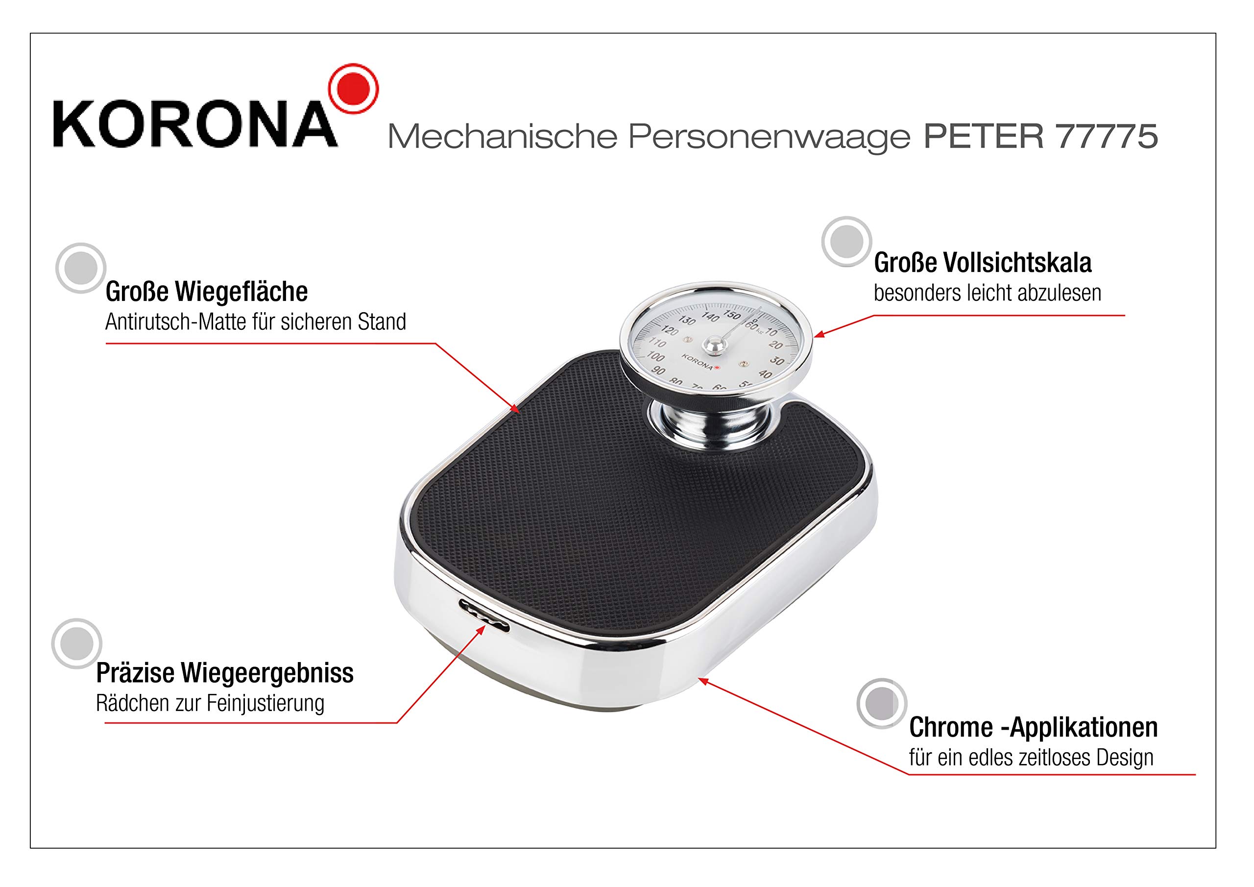 Korona 77775 Mechanische Retro Waage PETER Nostalgisches Design mit Chrom Tragkraft 160 kg, Einteilung 1 kg extra große Vollsichtskala Rutschfeste Wiegefläche für sicheren Stand Schwarz