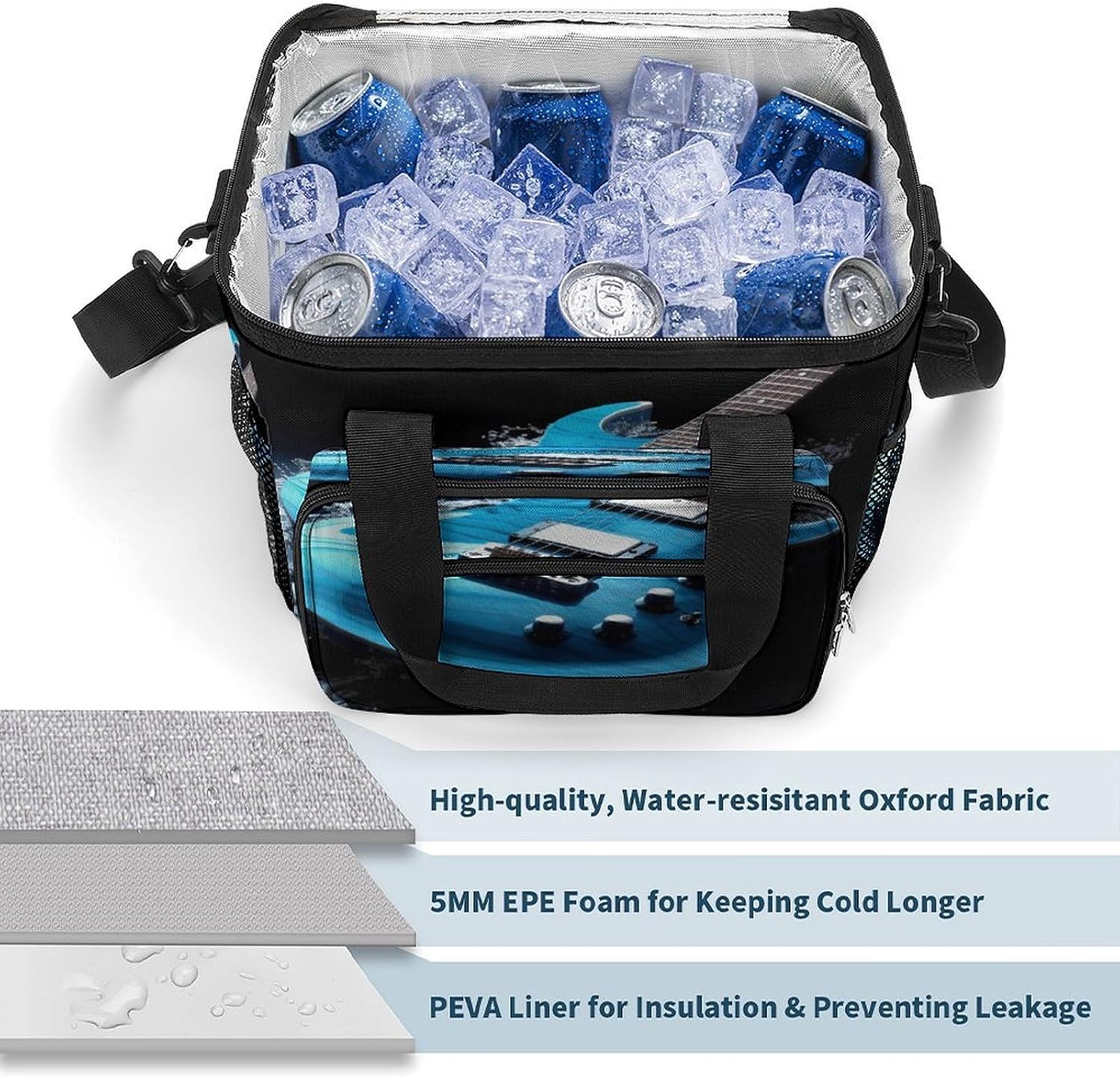 Blue Guitar Cooler Bag Portable Insulated Lunch Bags Leakproof Ice Chest Large Capacity Soft Cooler Tote for Picnic Camping Work Travel Keep Food Drinks Fresh 22.5L