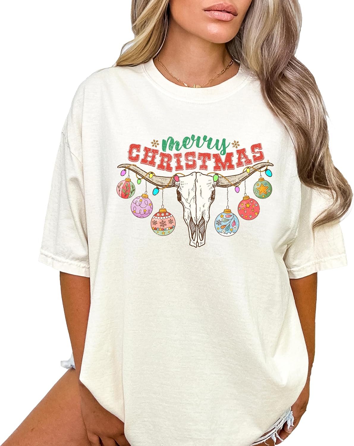 Merry Christmas Western Shirt for Women and Teens Festive Bull Skull Country Graphic Tee