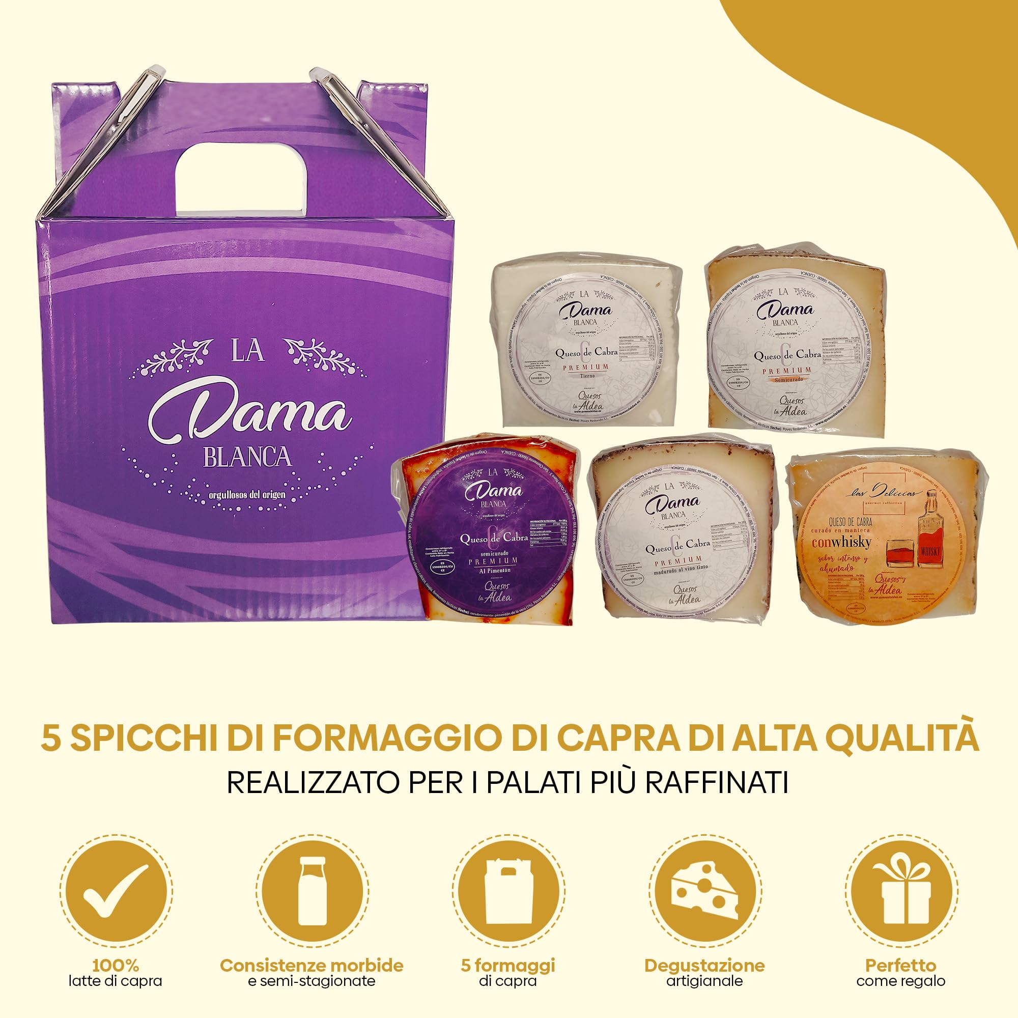 QUESOS LA ALDEA | Cesta Regalo di Formaggi di Capra – 5 Spicchi: Tierno, Semistagionato, al Vino Rosso, al Whisky e alla Paprika | Degustazione Gourmet | Cesto di Formaggi Artigianali