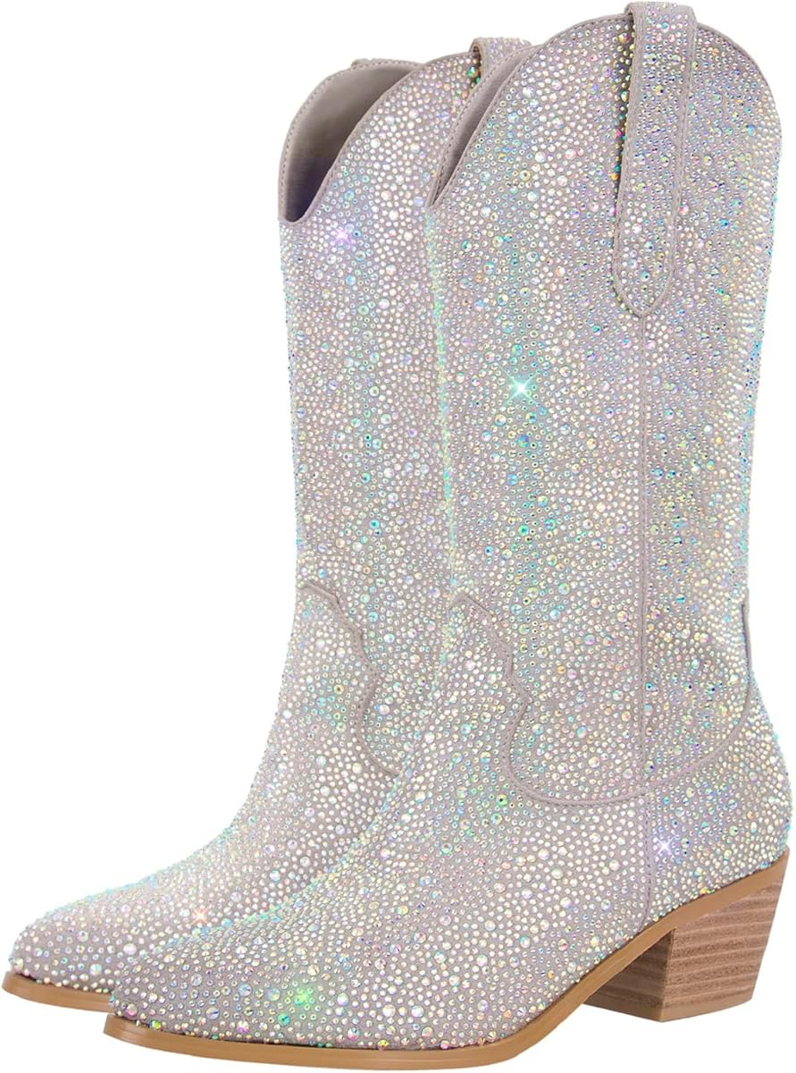 Amazon.com | Richealnana Sparkly Rhinestones Calf Mid High Boots for Women Cowboy Cowgirl Boots for Women 2INCH Heeled Shining Comfortable Pull On Tabs Boots Silver Size13 | Knee-High
