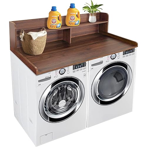 Royxen Laundry Countertop with 2-Tier Shelf Universal Fit, Washer and Dryer Countertop with Storage Space, Shelf Height 11.5 Inches, Solid Wood Core, Walnut
