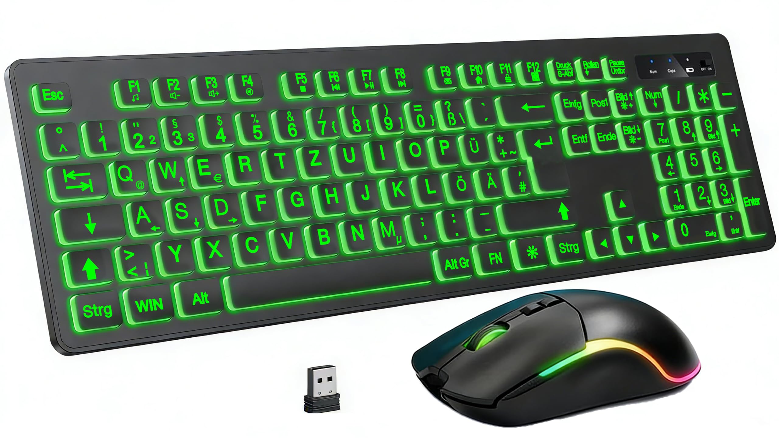 Tastatur-Maus-Set kabellos, QWERTZ, große Schrift, 7 Lichtfarben
