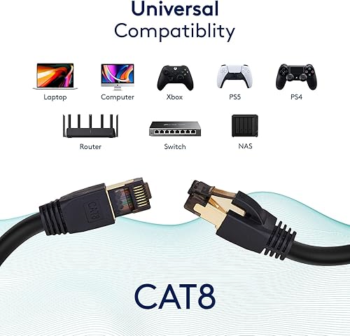 Miniatura 4 de Cable Ethernet Cat 8, color negro, 0.5 pies, 40 Gbps, 2000 Mhz cobre 26AWG SFTP blindado de rendimiento de alta velocidad, conector RJ45 chapado en