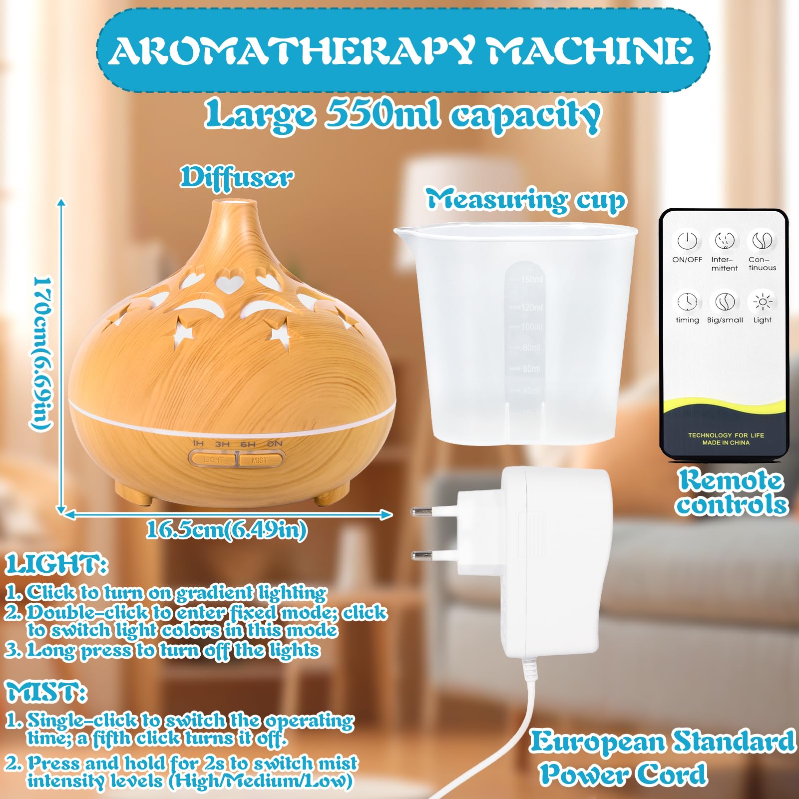 Diffusore di Oli Essenziali, 550ml Ultrasuoni Umidificatore con 4 Impostazioni Timer e 7 Colori LED e pegnimento Automatico Senza Acqua per Ufficio Casa Soggiorno Camera da Letto SPA Yoga